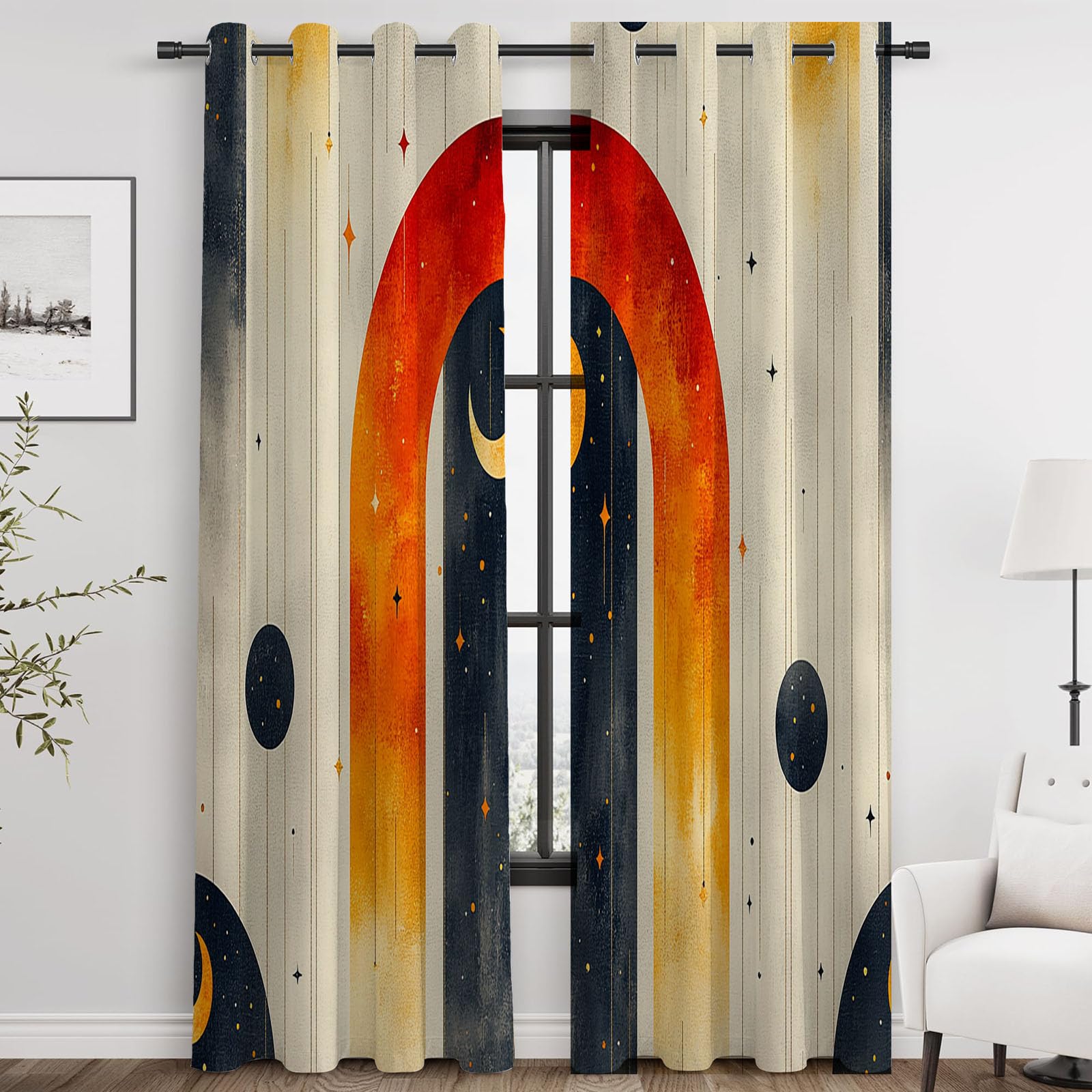 Aquarell Gardinen Blickdicht,Bunt Vorhänge, Boho-Himmelskörper-Mond-Sterne Modern Abstrakte Tierdruck Vorhang, Verdunklungsvorhänge für Schlafzimmer Wohnzimmer,-H240 x B140 cm (2er Pack)