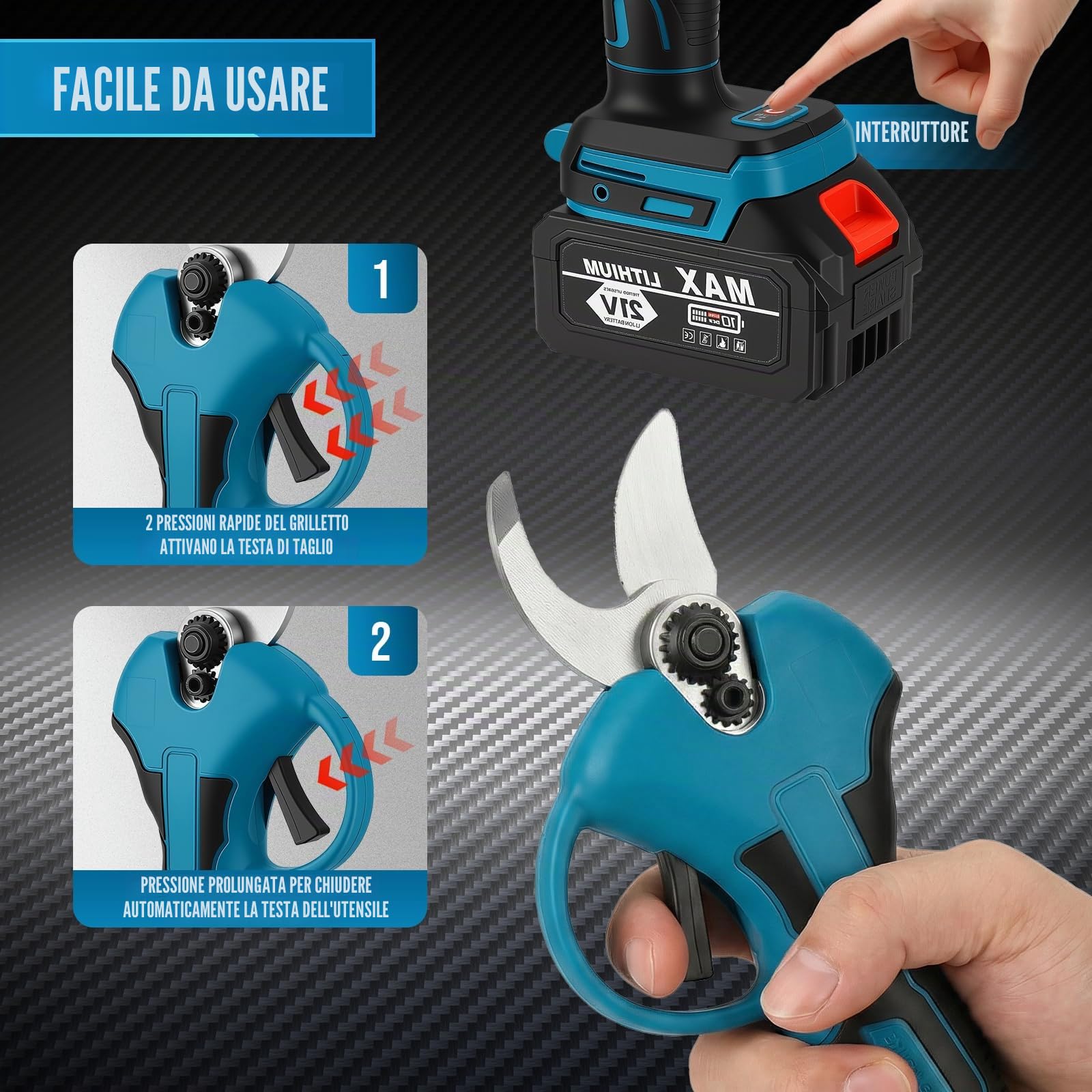 Troncarami a batteria 4 in 1 con telescopio da 2 m, mini motosega da 8 pollici, forbici da 25 mm/30 mm, motore senza spazzole, 2 batterie da 3,0 Ah da 21 V, angolo regolabile a 180°