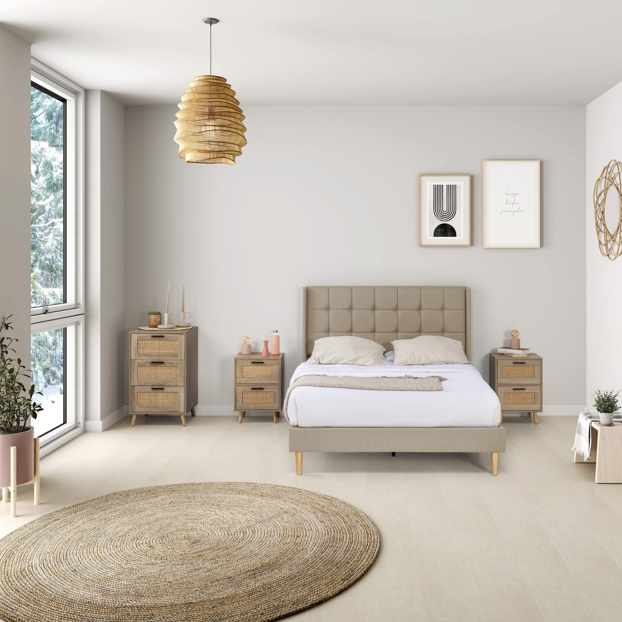 HOMN LIVING Sinfonier de Noche Dalia 3 cajones Color Roble, guías metálicas, 48 cm (Ancho) 48 cm (Profundo) 80 cm (Altura)