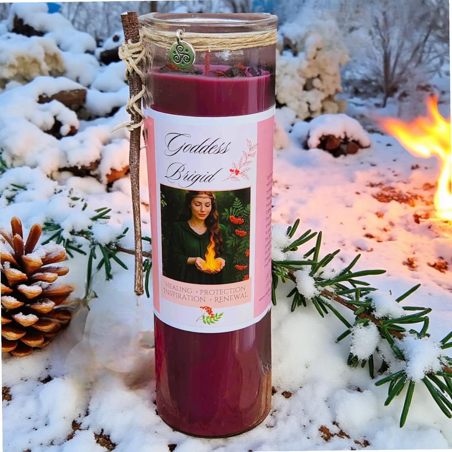 Brigid Fire Goddess Candle Hand Poured Elegant Coco Soy, Pomegranate, Rowan Berries, Garnet, Healing, Renewal, Witch, Triskele Charm, Rowan Twig