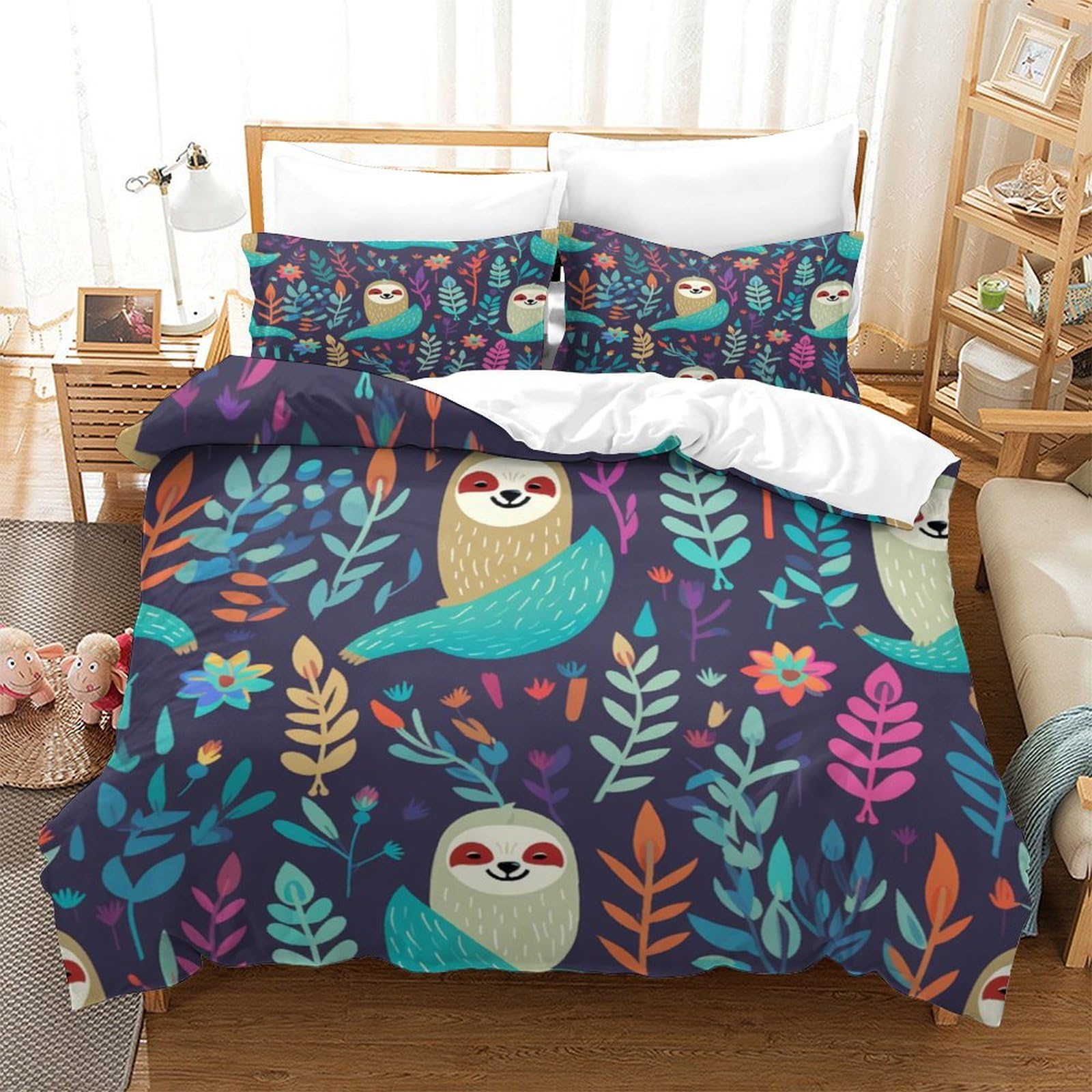 P1S9U7W5Y Botanical 3D Printed Sloth Duvet Cover Set 3pcs Microfiber Forest Bedding Set Double