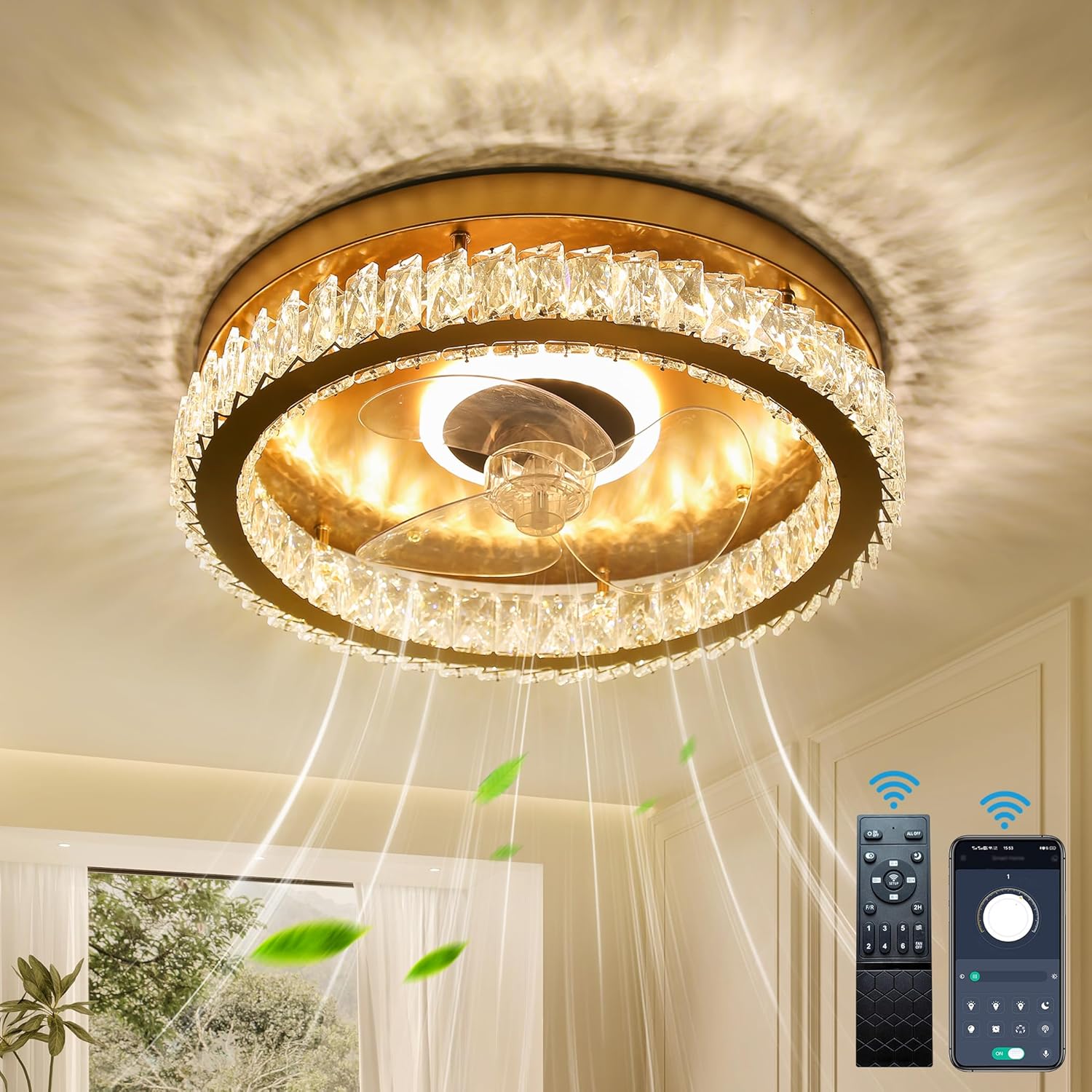 FRIXCHUR Flush Mount Ceiling Fan with Light, Low Profile Ceiling Fans with Remote Control, Dimmable Crystal Chandeliers Fans 6 Speeds LED Smart Modern Ceiling Fan for Bedroom Living Room (Gold)