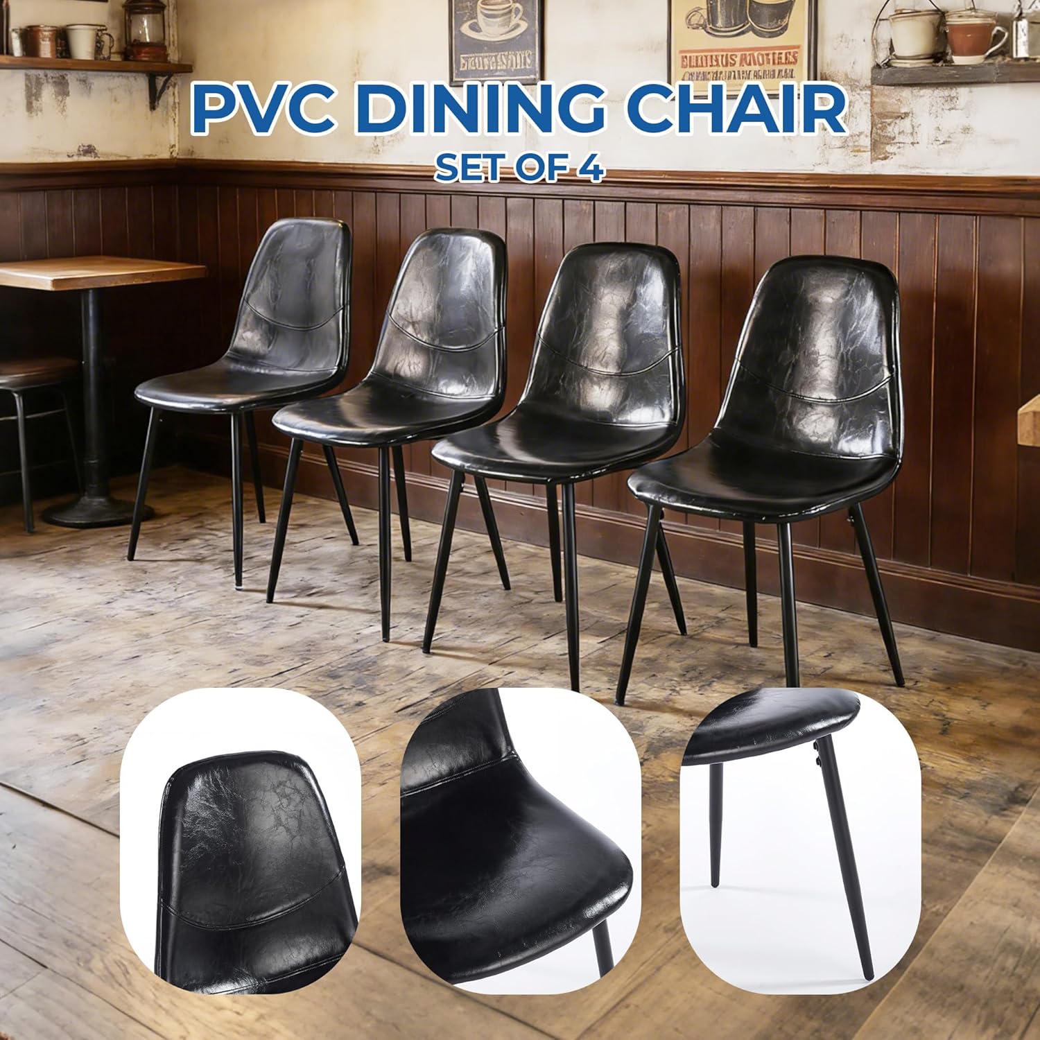 Black PVC Dining Chairs 4 Piece Set Versatile Seating for Dining Kitchen Office Cafe and Accent Use