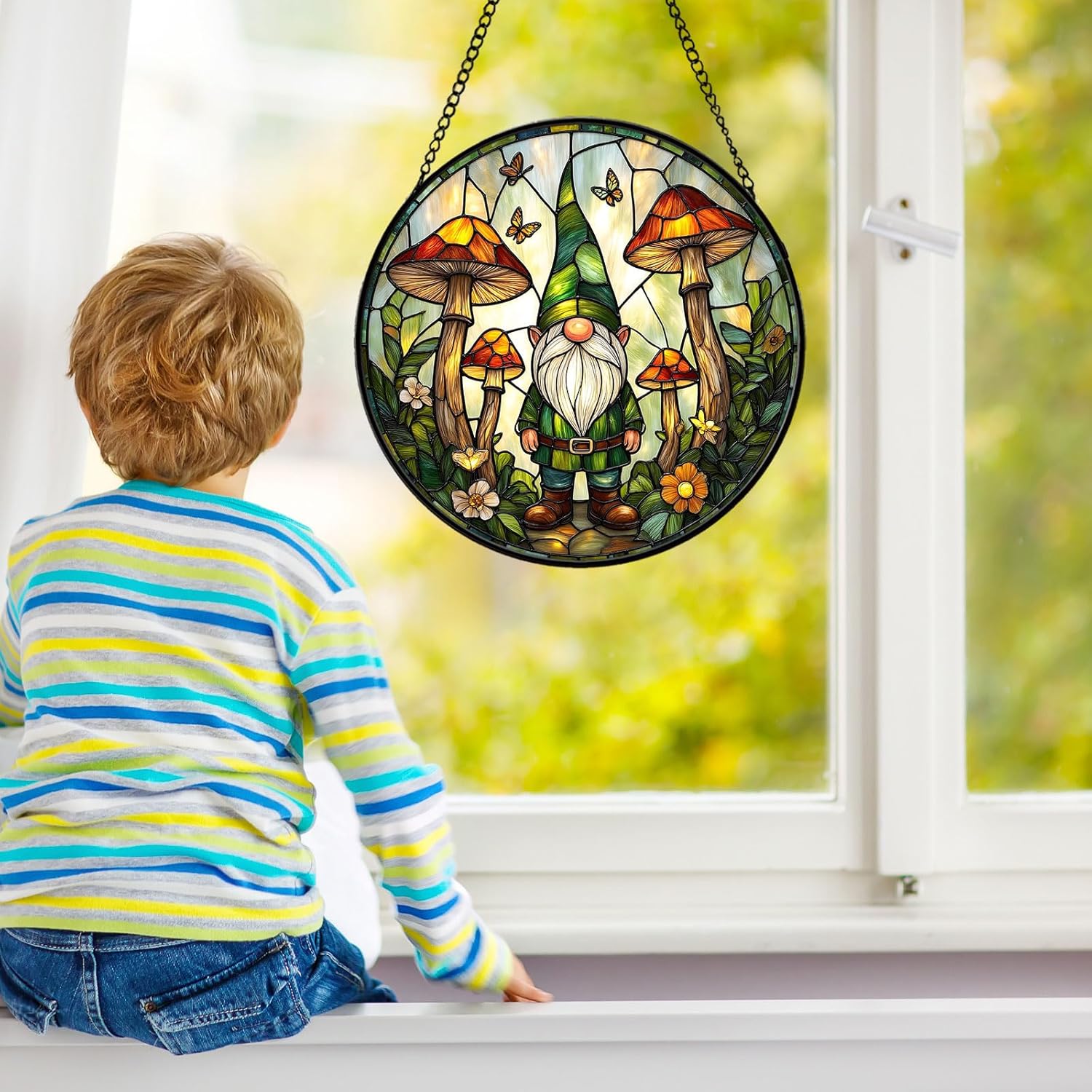 Gnome Stained Glass Suncatcher for Window Hanging, Forest Gnome with Mushrooms Sun Catcher Ornament, Woodland Home Decor Gift for Mother's Day, Birthday, Housewarming GN07 (7.9'') - Image 6