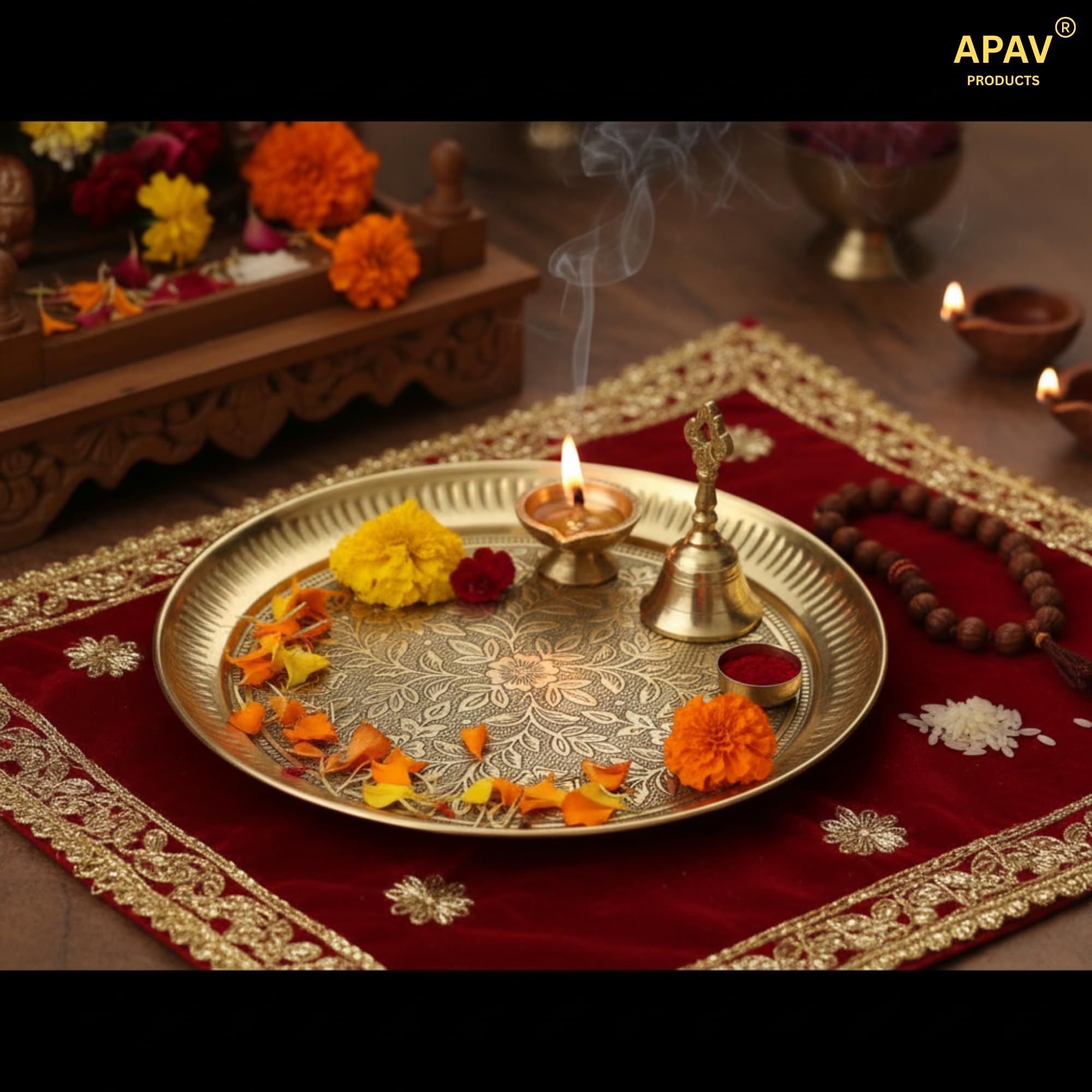 APAV Brass Pooja Thali 5 Inch – Pure Brass Mini Puja Plate for Aarti, Kumkum & Daily Worship – Handcrafted Traditional Pooja Plate for Home Temple & Gifting (5 Inch (Golden)) 1