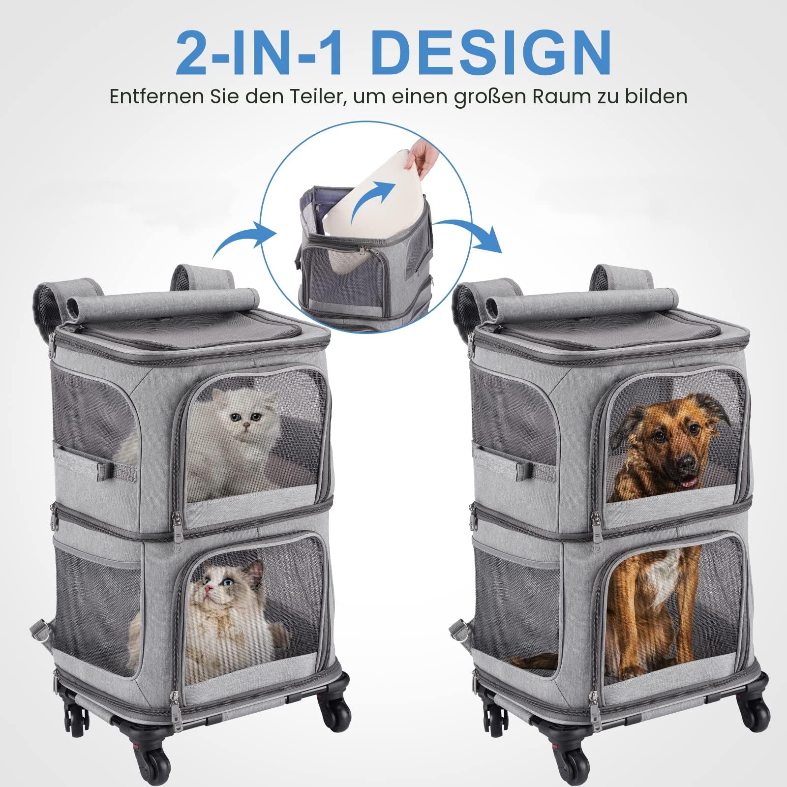 Katzentransportbox für 2 Katzen mit Rollen, transportboxen für 2 Katzen bis 12kg, Faltbarer Katzentransporttasche für 2 kleine Hunde/Kaninchen, Grau