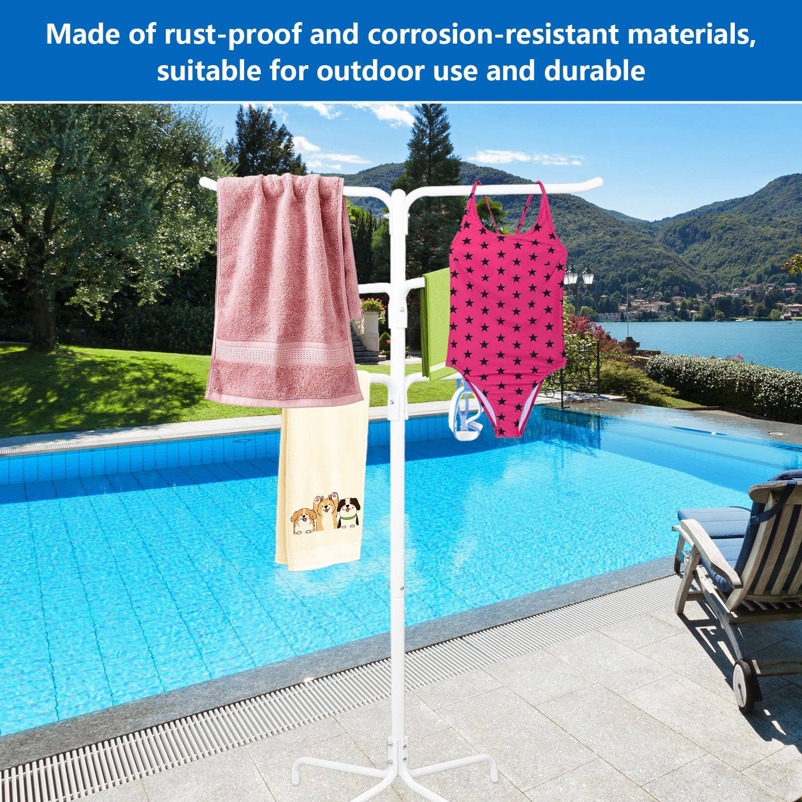 Toallero de piscina al aire libre, 6 barras de columna, toallero de pie, soporte ajustable para toallas de piscina y patio con base pesada (blanco