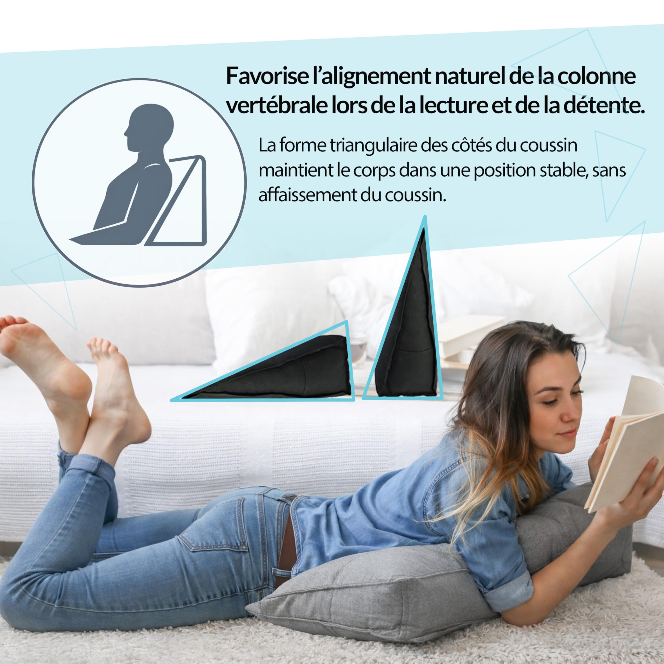 POKAR Coussin de Lecture 100x50x20 cm | Coussin Dossier Canapé et Lit | Gros Coussin Triangulaire avec Poche Latérale Pratique | Certifié Oeko Tex | Gris