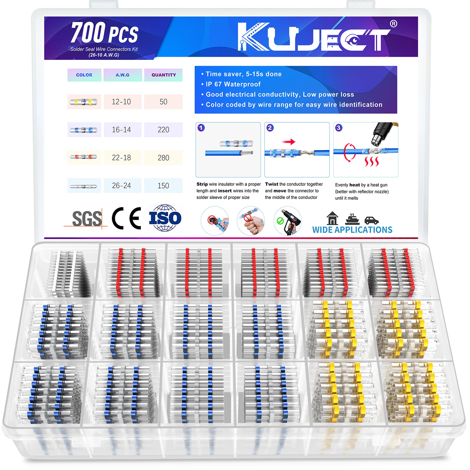 Kuject Heat Shrink Solder Seal Wire Connectors Kit 700PCS, Waterproof Butt Connector Heat Shrink Electrical Terminals, Insulated Solderless Wiring Splice Connectors for Marine Automotive Boat Truck