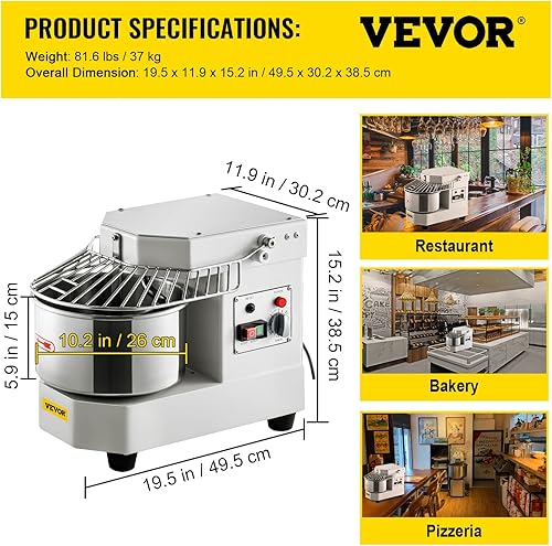 Miniatura 7 de VEVOR Mezclador de alimentos comercial, capacidad de 8.5 cuartos de galón, máquina amasadora de masa giratoria doble de 450 W con cuenco de acero