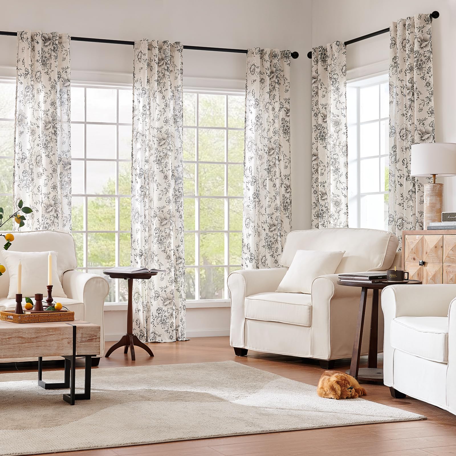 TOPICK Tende floreali effetto lino, 2 pezzi, 213 x 95 cm (altezza x larghezza), nero e beige