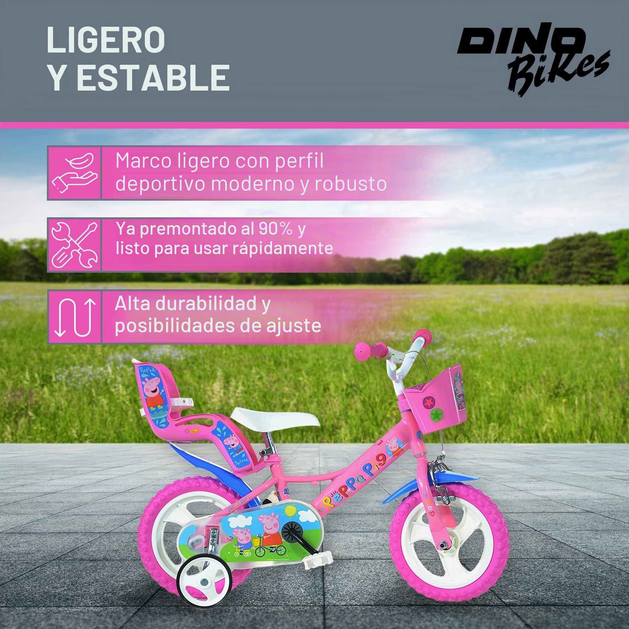Dino Bikes – Bicicleta Infantil de 12 Pulgadas Peppa Pig – Bicicleta para niña con estabilizadores Desmontables a Partir de 2 años – Bicicleta Infantil con Cesta Frontal y portamuñecas – Sillín