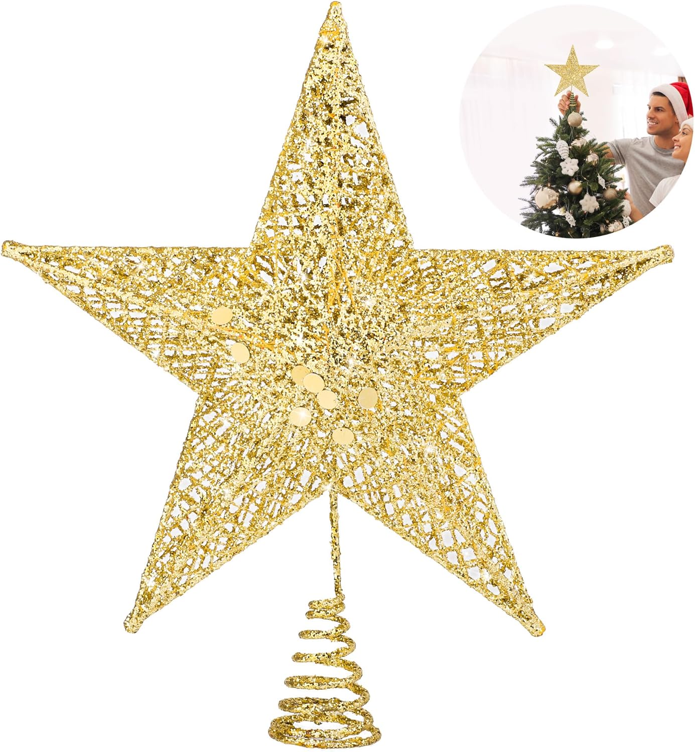 Fovths Christmas Tree Topper 6 Inches Metal Glittered Christmas Tree Topper Wire Star Treetop Sparkle Xmas Decoration for Christmas Tree Ornament Indoor New Year Holiday Party Supplies (Gold) Gold 6 Inches