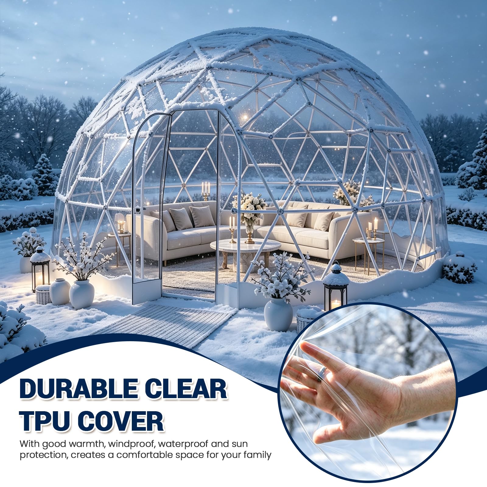 3,6M x 2,2M Gewächshaus Gartenkuppel Igloo, TPU Geodätische Blasenzelt für 8 Personen, Gartenblasenzelt Gartenkuppel Igloo mit 2 Lichterketten, Durchsichtiges Kuppelzelt für Hinterhof, Hochzeit, WEISS