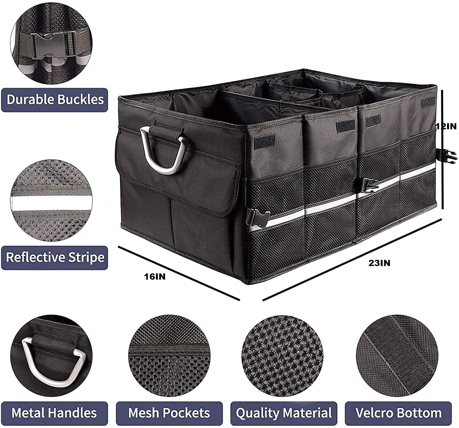 Organiseur de coffre de voiture | Sac de coffre pliable étanche pour presque toutes les voitures : camion, véhicule, SUV, van | 58 cm x 40 cm x 30 cm | Noir