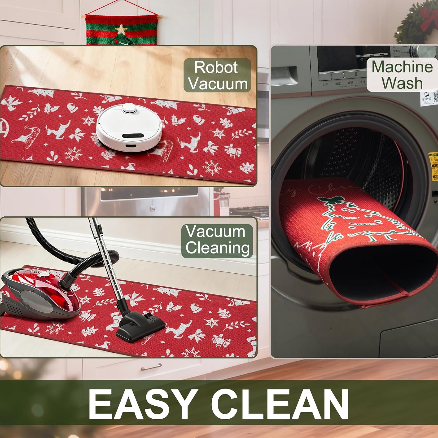 Merry Christmas Kitchen Mat Set of 2 PCS, Non Slip Rugs for Kitchen Floor, Red Christmas Decor, Absorbent Runner Comfort Standing Mats Washable for Kitchen, Home (Tree, 17.3"x47"+17.3"x30")