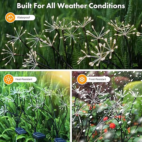 Miniatura 6 de Kwaiffeo Paquete de 4 luces solares para jardín, impermeables, para exteriores, fuegos artificiales, con 240 LED, luces solares parpadeantes para