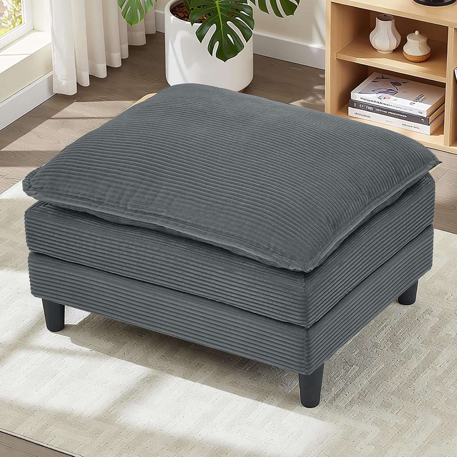Modern Corduroy Ottoman, Upholstered Foot Rest Stool, Sofa Accessory Bench, Ribbed Soft Cushioned Ottoman for Living Room Couch, Entryway, Bedroom, Gray