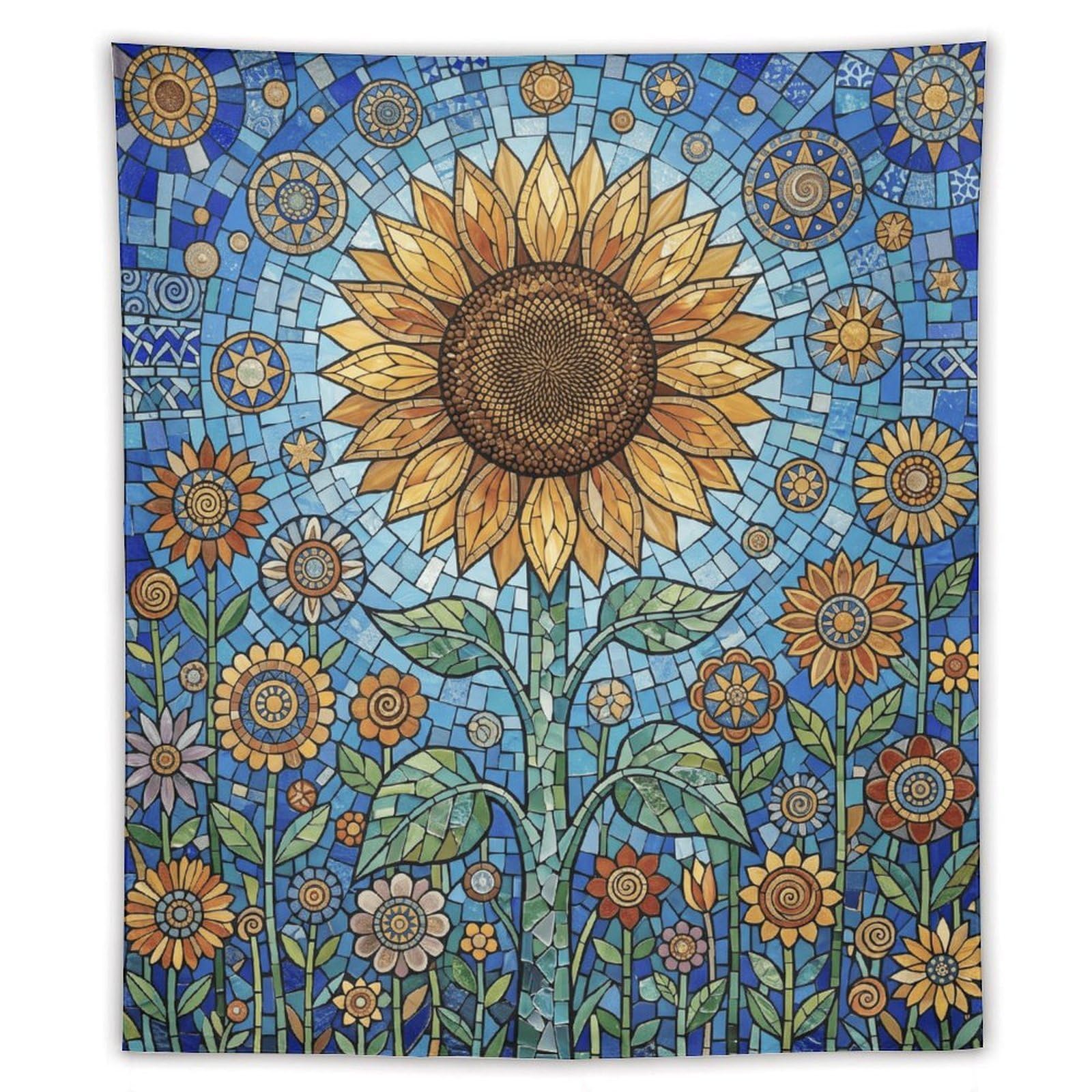 W7C8U2X3 Blue Mosaic Sunflower Wall Tapestry, Mosaic, College Dorm