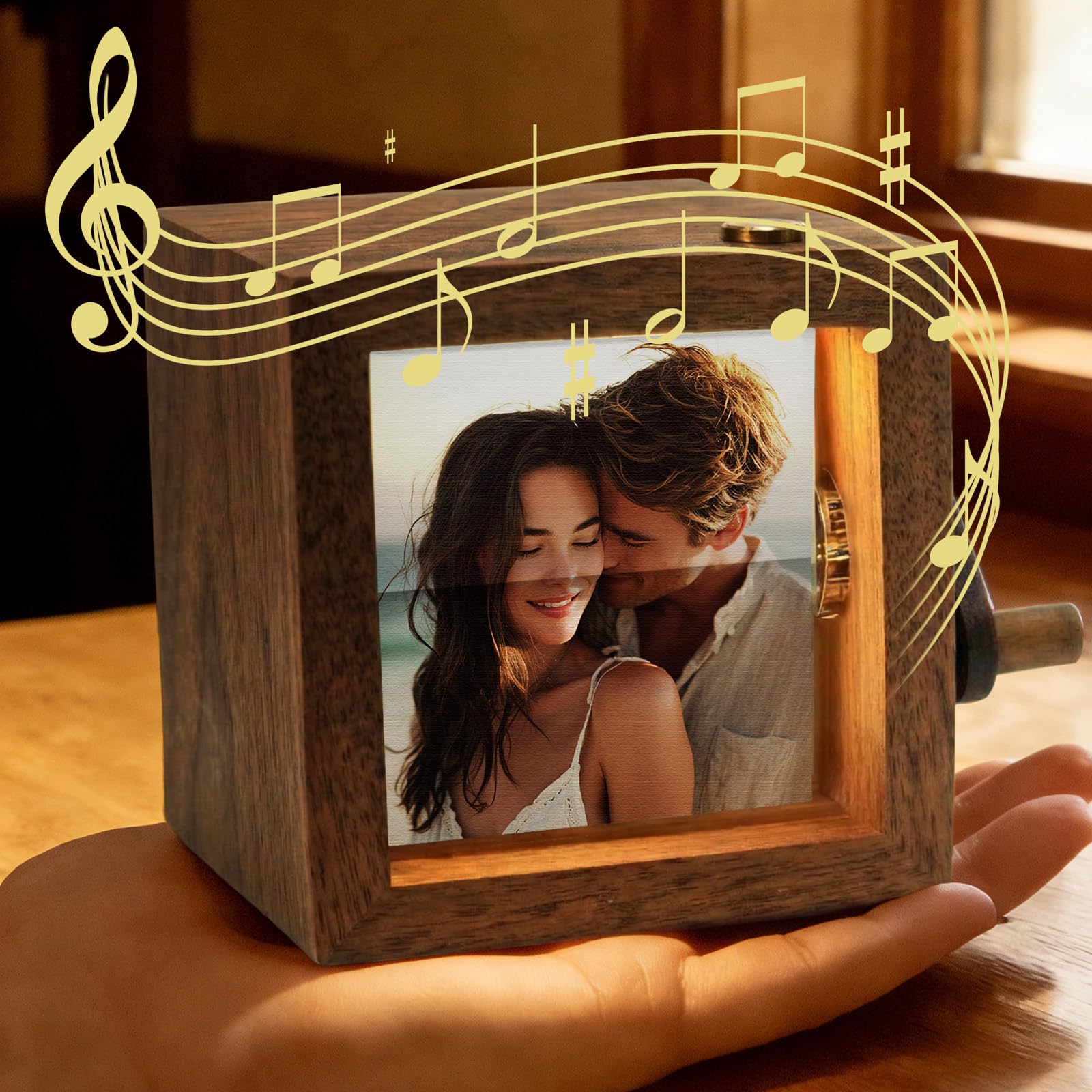 Custom Photo Flipper Box with Light Picture Text Personalized Photo Album Flip Boxes for Valentine's Christmas Anniversary Birthday Gifts (Vintage Black Walnut, 8 Photos)