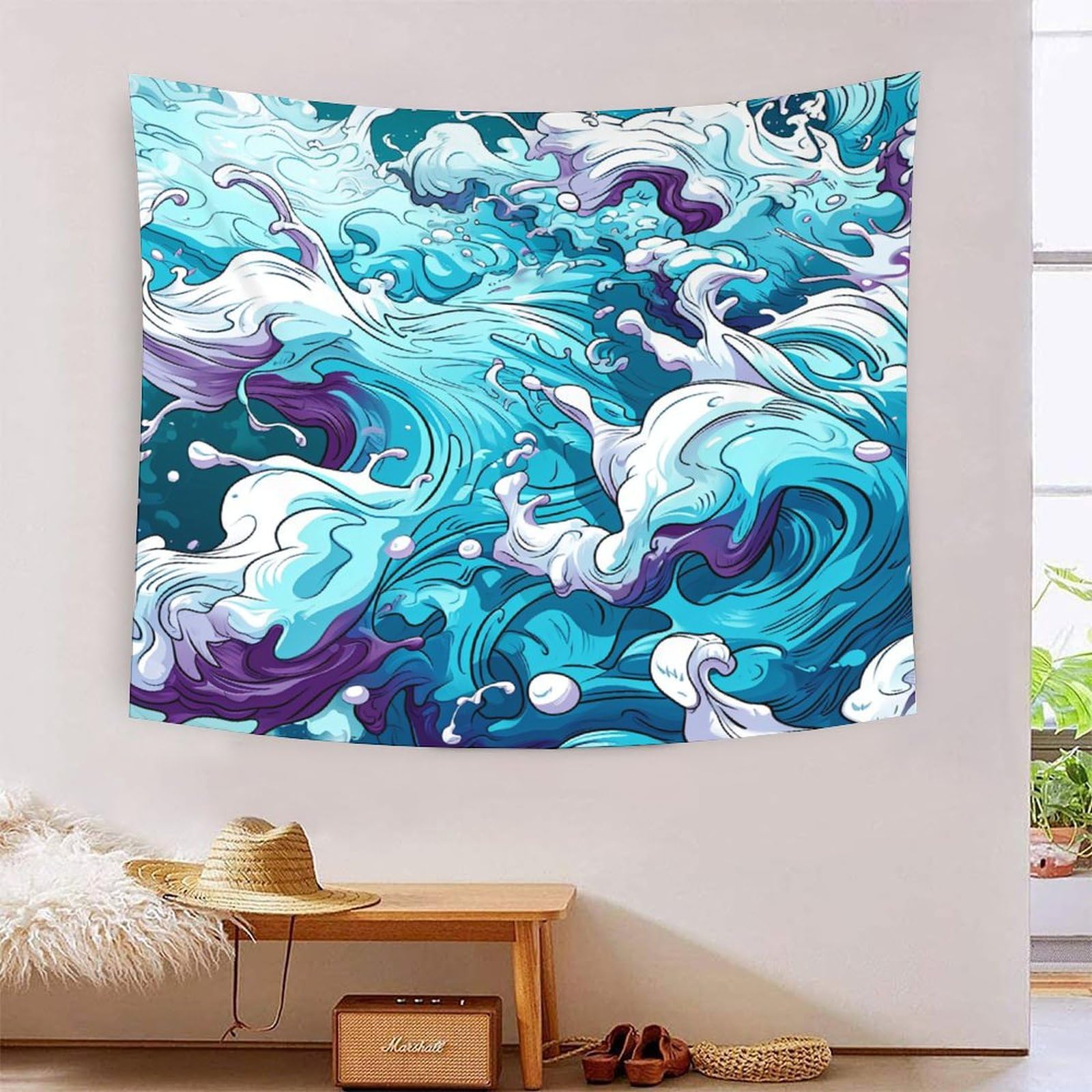 Tapiz de pared grande con estampado 3D de olas para sala de estar 6