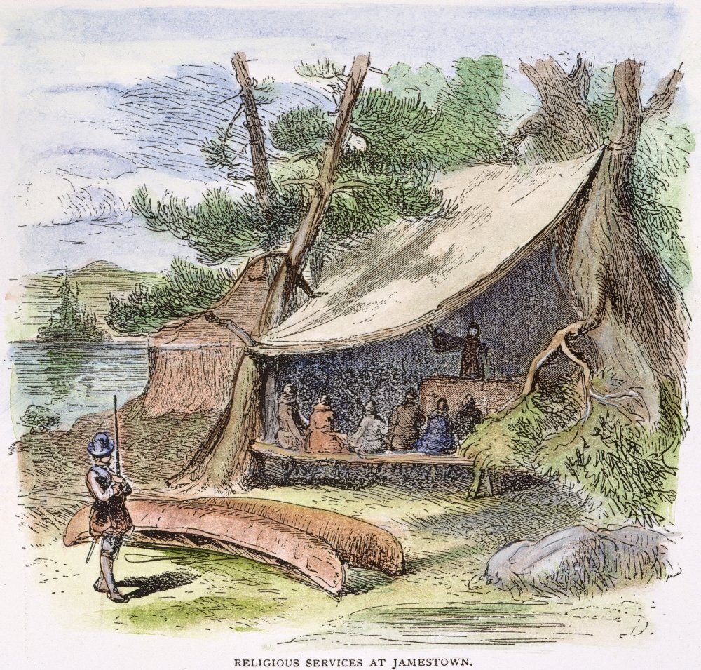 Jamestown Religion 17Th C Nreligious Services At Jamestown Wood Engraving American 19Th Century Poster Print by (24 x 36)