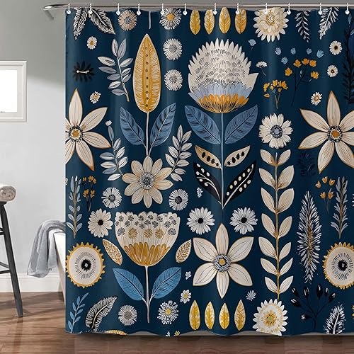 Fowocu Boho Floral Shower Curtain Blue Abstract Bohemian Flowers Botanical Leaf Bathroom Curtain Vintage Mid Century Modern Waterproof Fabric Shower Curtains for Bathroom Decor 72x72 inch