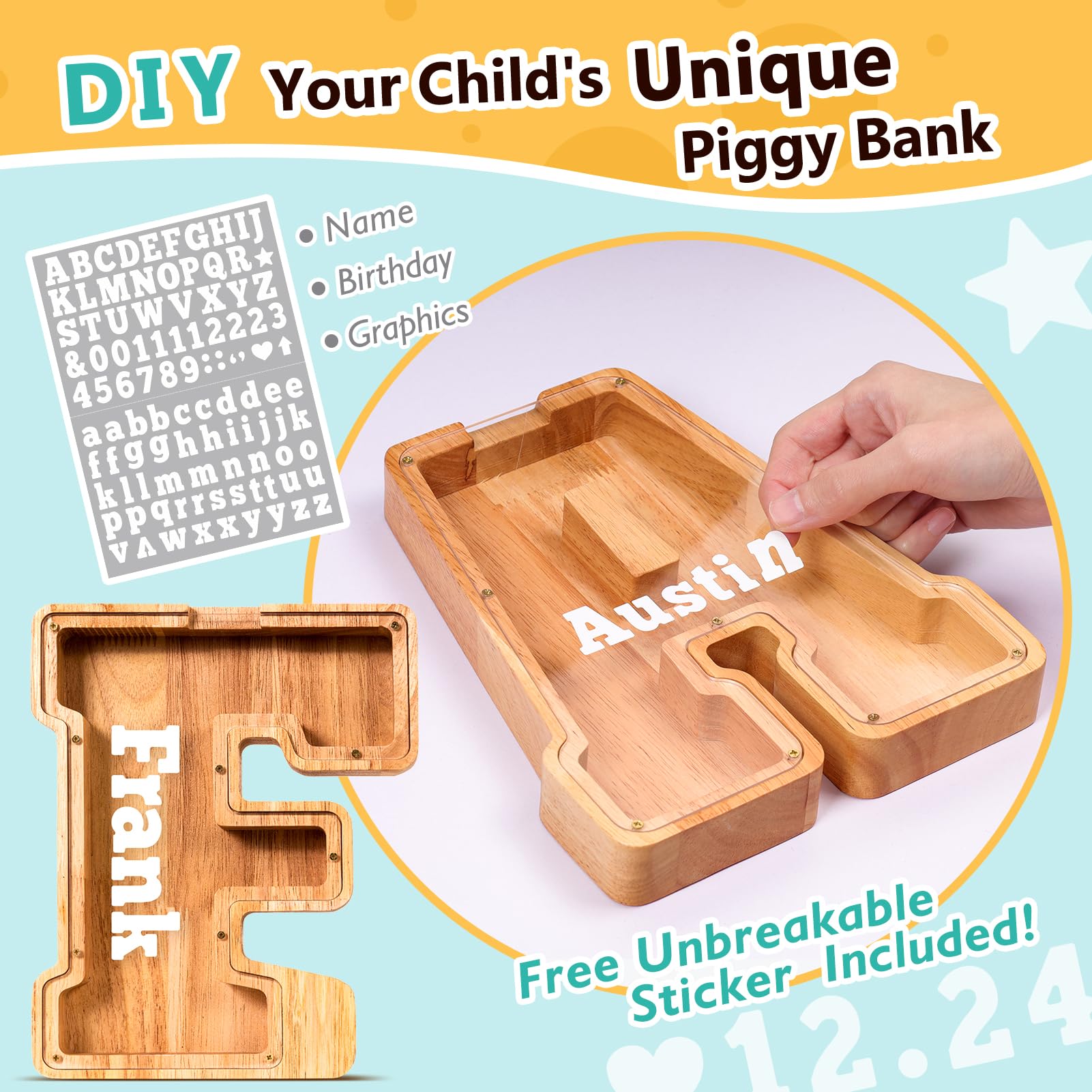 Summidate Salvadanaio con lettera in legno per bambino, A-Z lettera banca dei soldi personalizzato per bambino, regalo di compleanno con banca di monete