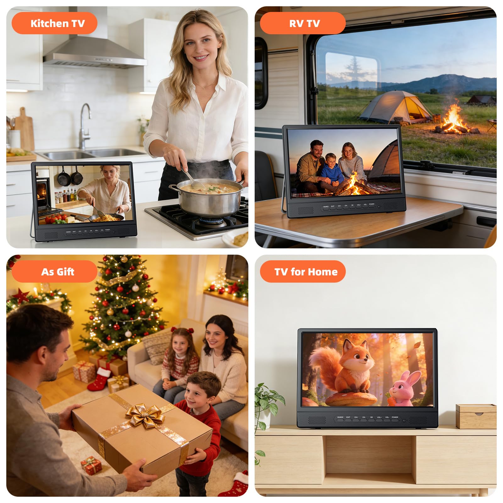Desobry Televisor Portátil 12 Pulgadas Smart TV con Android, Mini Televisor para Cocina, Caravanas y Autocaravanas, HDMI USB AV Auriculares, Compatible DVB-T2 Freeview, Pie Ajustable 180°