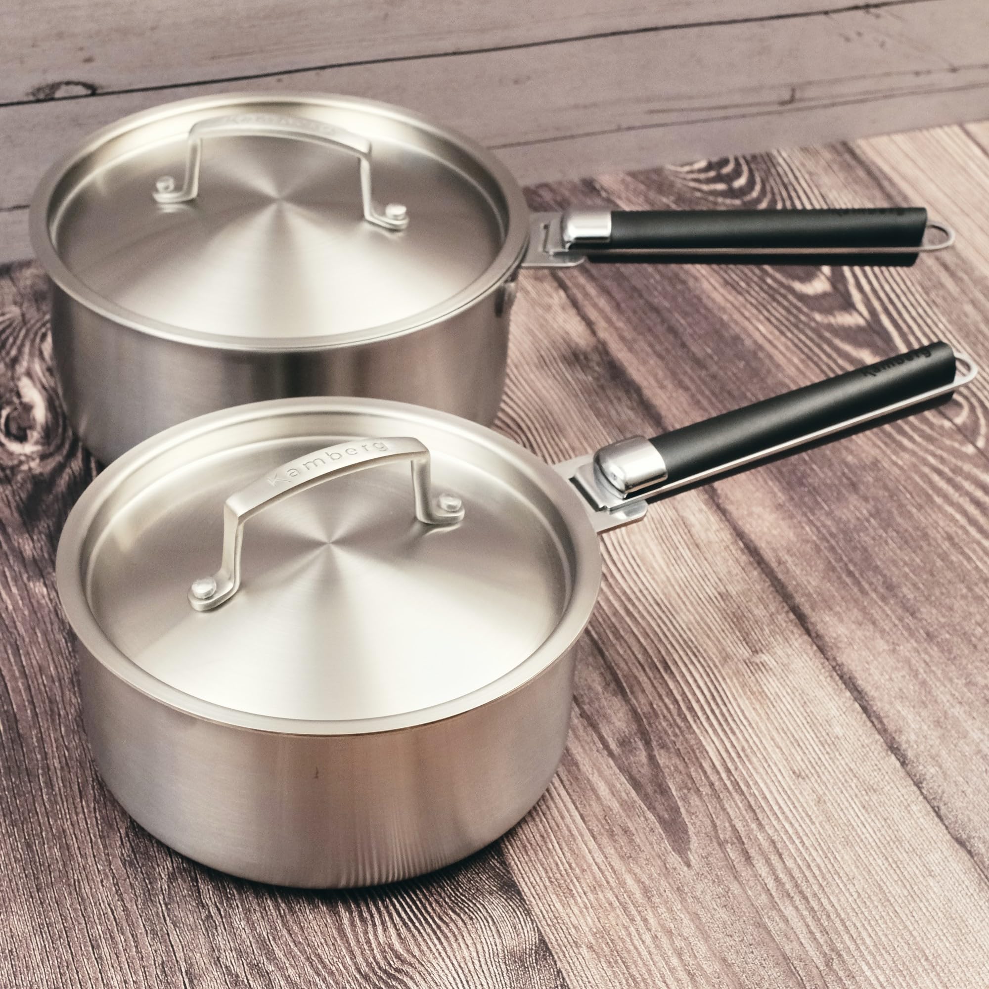 Kamberg - Coffret 2 casseroles 18/20 cm - 2 manches amovibles - Acier inoxydable 18/10 Triply - Tous feux dont induction et four, Gris