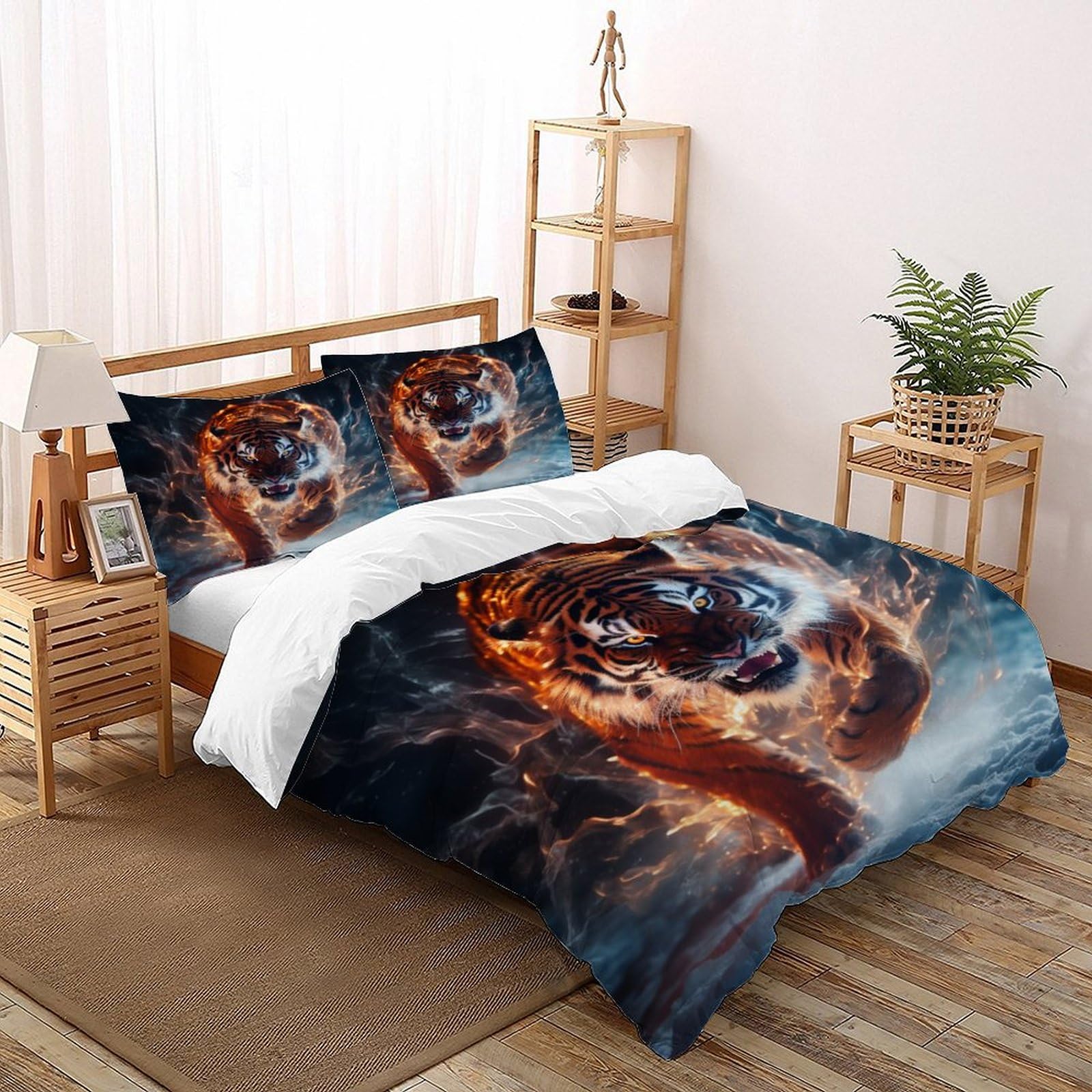 Housse de couette tigre 260x220 cm avec 2 taies d'oreiller microfibre Super King