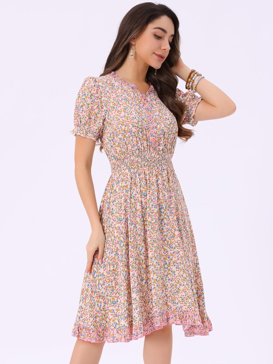 Allegra K Women's Floral Sundress Ruffle Neck Smocked Waist Short Sleeve Dress - Image 2