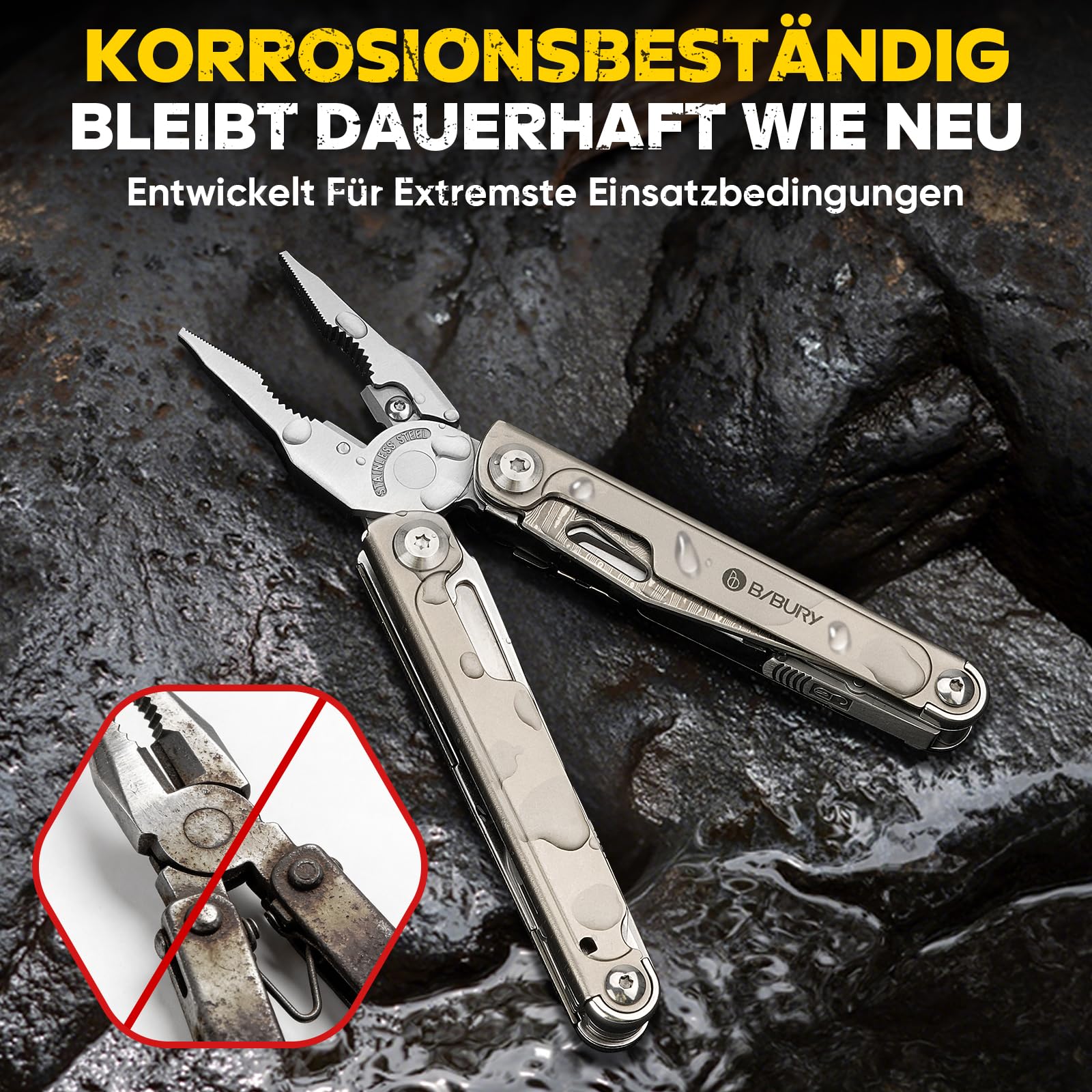 BIBURY Multitool Titan & Damast Messer - Multifunktionswerkzeug mit Zange, Schere, austauschbarer Säge & Bits - Profi EDC Taschenmesser Geschenke für Männer, Reparieren, Camping Zubehör BI2049TI