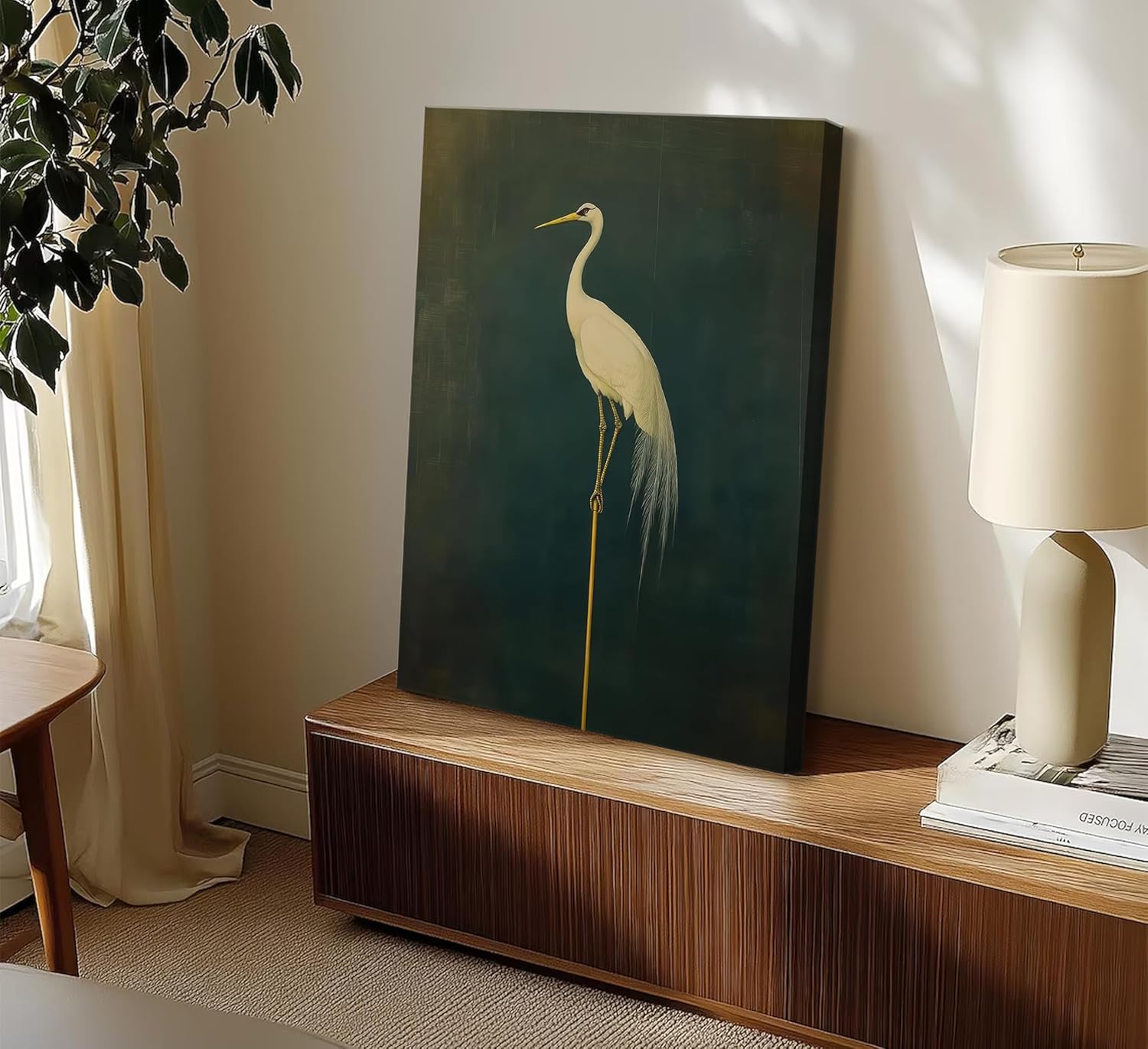 Green Japanese Crane Canvas Wall Art Vintage Asian Bird Prints Wall Decor Retro Crane Painting Poster Print Artwork for Living Room Bedroom Home Decoration