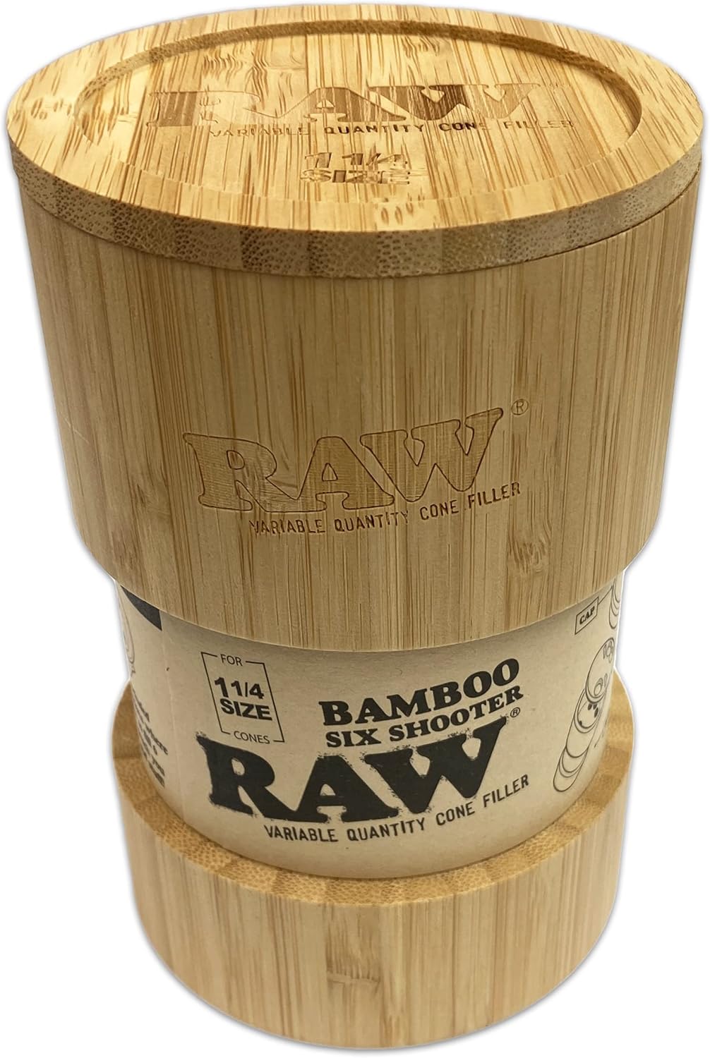 RAW Bamboo Six Shooter | 1 1/4 Size | Loader/Filler for PreRolled Cigarette Paper Cones, Includes SIX ARC Cigarette Savers