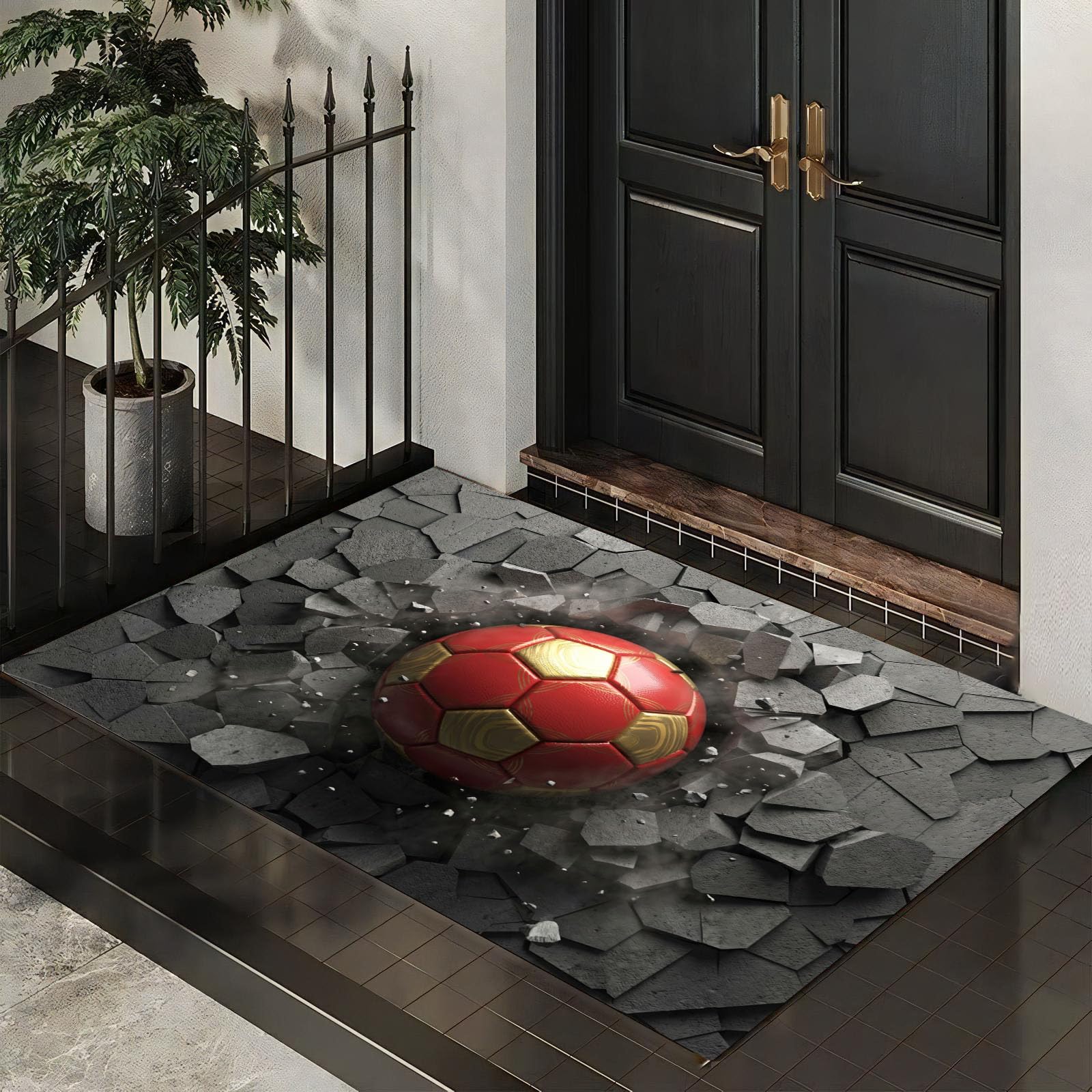 Schmutzfangmatte Innen, 3D-Fußballwandloch Waschbarer Fussmatte, Dünne Fussmatte, Erfrischende Fußballerleichterung Teppiche Niedriger Flor Rutschfest Für Flur Eingangsbereich, 90X150Cm, Anthrazit