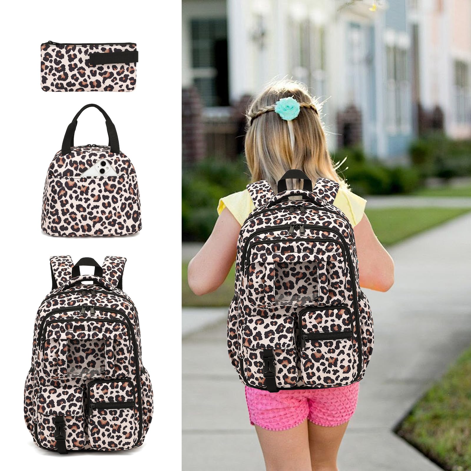 Schulrucksack für Mädchen, 3-teiliges Set, Grundschul-Büchertaschen mit Lunchbox, Federmäppchen, Leopard, Medium, Modern