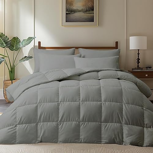 Miniatura 8 de puredown Edredón de plumas de ganso gris, tamaño King, relleno de edredón para todas las estaciones, diseño reforzado, ultra suave, sin ruido,