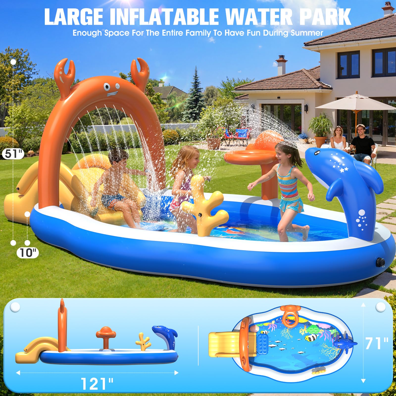 StarOcean 2026 großes aufblasbares Spielcenter, Kinderpool mit Wasserrutsche und Sprinkler, 308 x 180 x 130 cm, aufblasbarer Kleinkind-Pool mit Rutsche, aufblasbares Wasserspiel für Toldder