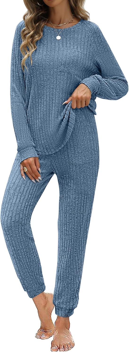 JUSTFASHIONNOW Womens Ribbed Knit Lounge Set 2 Piece Outfits Long Sleeve Pajama Set Loungewear Jogging Sweatsuits