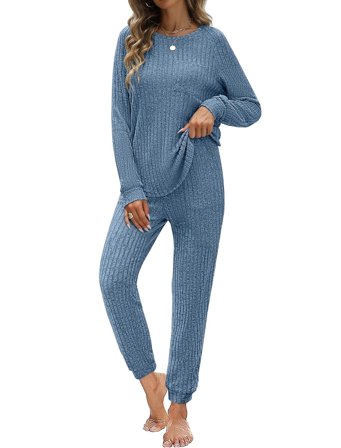 JUSTFASHIONNOW Womens Ribbed Knit Lounge Set 2 Piece Outfits Long Sleeve Pajama Set Loungewear Jogging Sweatsuits