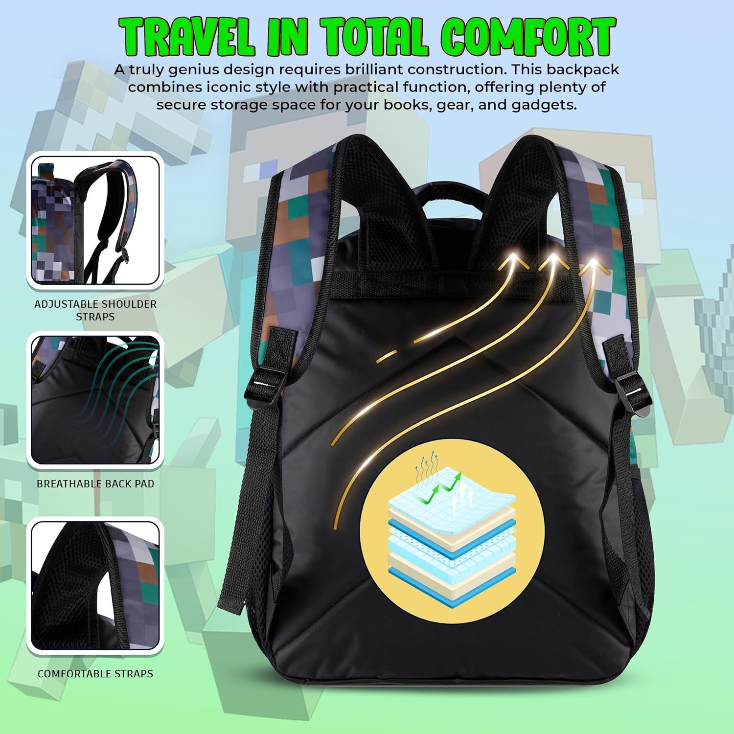 AI ACCESSORY INNOVATIONS Minecraft Backpack for Kids, Pixelated Block Print Design with Adjustable Straps, 16 Inch Rectangular Daypack, 3 Zippered Compartments, Water Repellent Polyester - Image 6