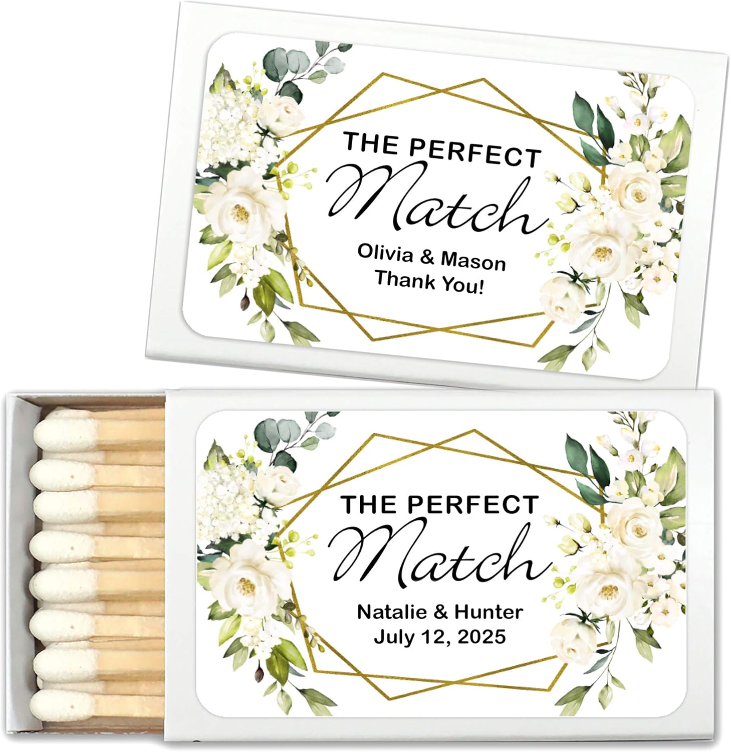Geometric Floral Perfect Match Personalized Matches for Wedding Favors - Custom Wedding Matches (Set of 50 Matchboxes) (White Box)