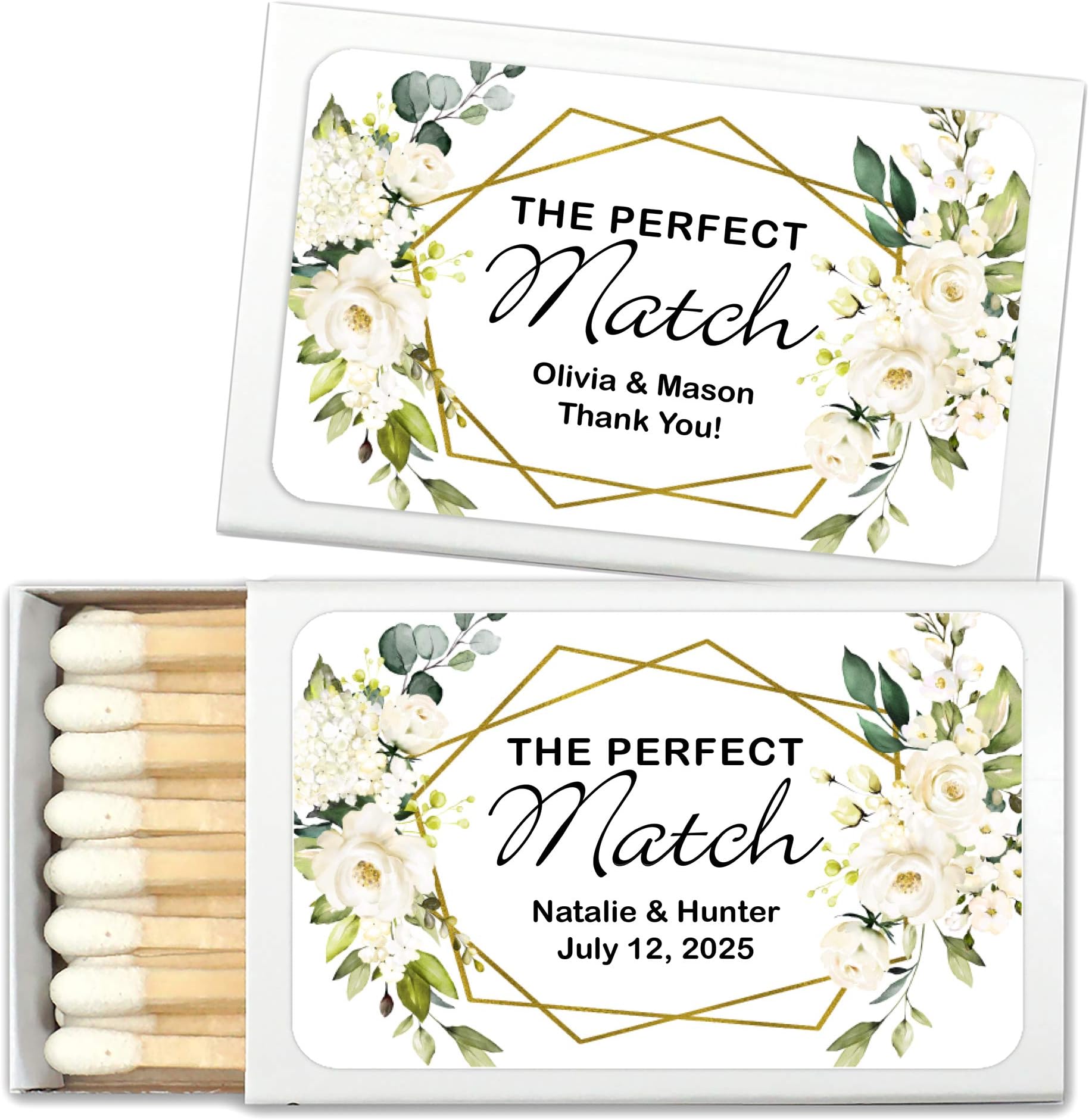 Geometric Floral Perfect Match Personalized Matches for Wedding Favors - Custom Wedding Matches (Set of 50 Matchboxes) (White Box)