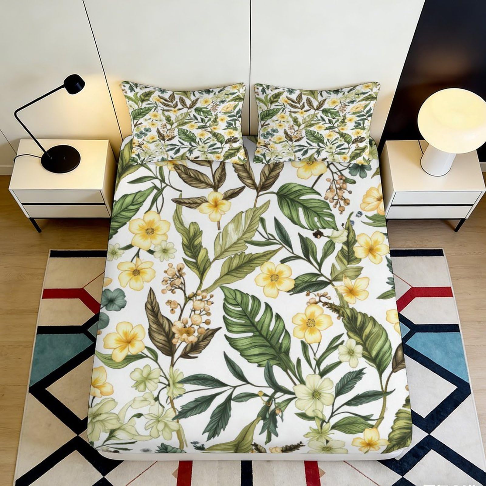 3D Printed Tropical Floral Fitted Sheet Microfiber Soft Breathable Botanical Bed Cover for Bedroom Dormitory Guest Room Mattress Protection Decor 120x200x25cm