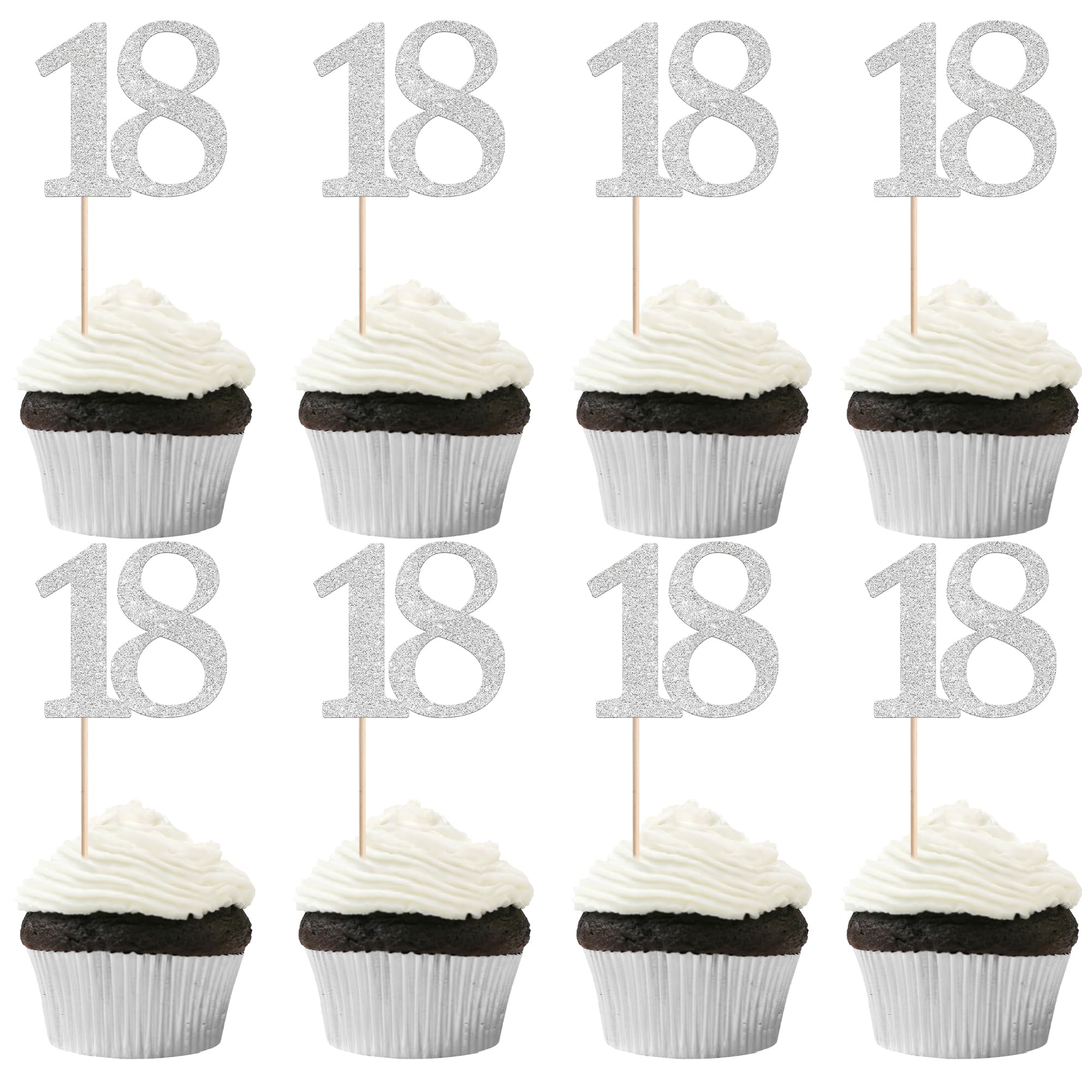Xsstarmi 36 Pack Number 18 Cupcake Toppers Silver Glitter Cheers to 18 Years Birthday Cupcake Picks Decoration for Happy 18th Birthday Wedding Anniversary Party Cake Decorations