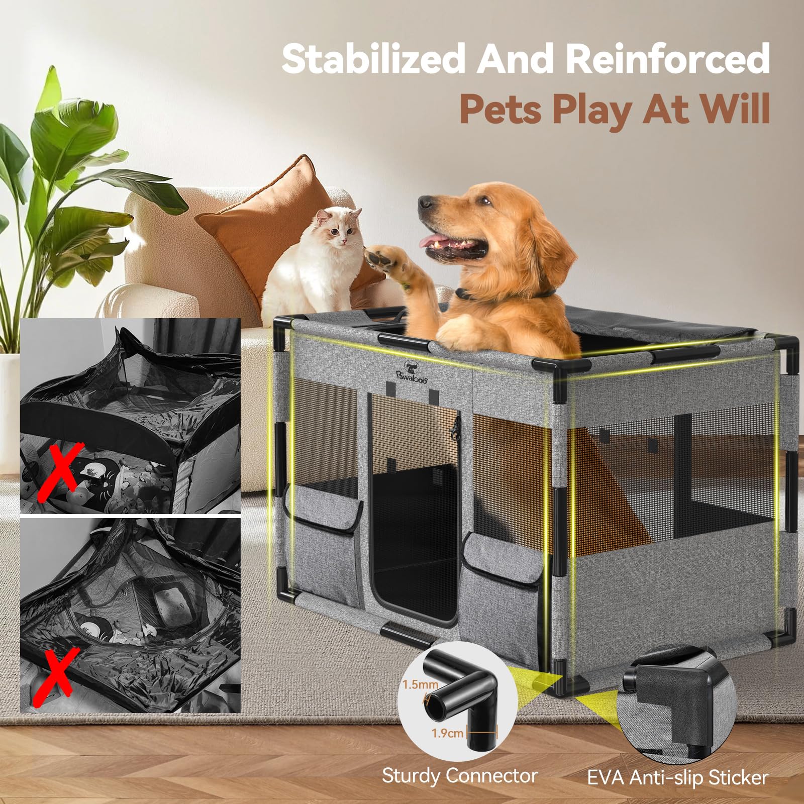 Pawabo Recinto per Cani Con Copertura e Cancello, Recinto per Cuccioli Recintos per Cani, Tessuto Irrobustito Resistente allo Strappo Recintos con Fondo Impermeabile & Rete Traspirant,L, Nero & Grigio