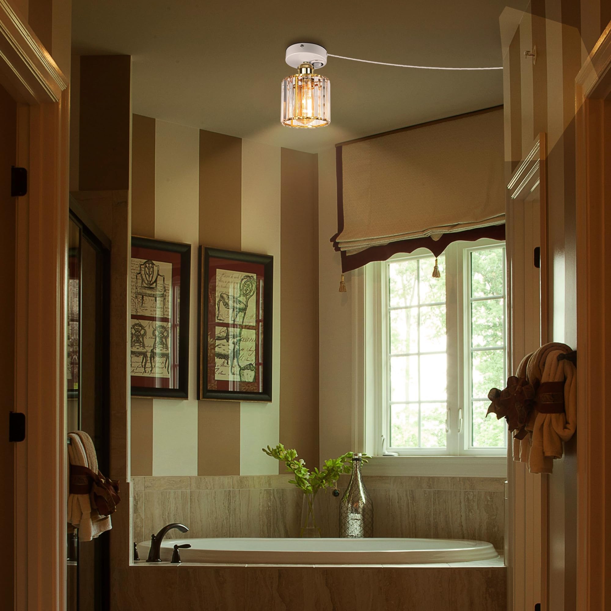 Plafoniera con sensore di movimento interno, moderna lampada da soffitto in cristallo, sensore di movimento con cavo da 4,5 m e portalampada E27, per corridoio, bagno, scale, garage, oro