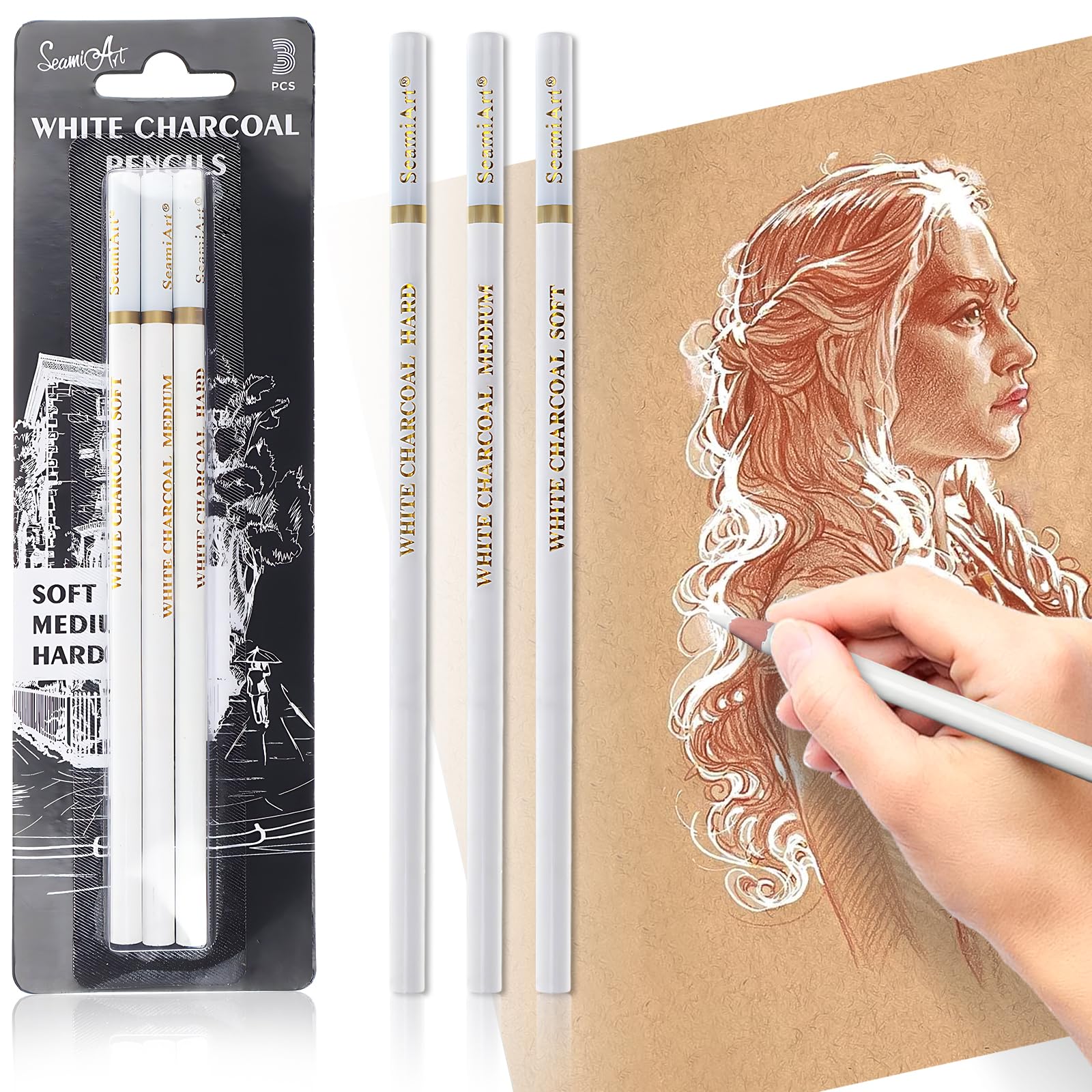 White Charcoal Pencils Drawing, Highlight Sketch White Pencil charcoal for Artists, White Drawing Pencils for Artists Beginner Student Designer, Soft/Medium/Hard White Charcoal Sketch Pencils (3 pcs)