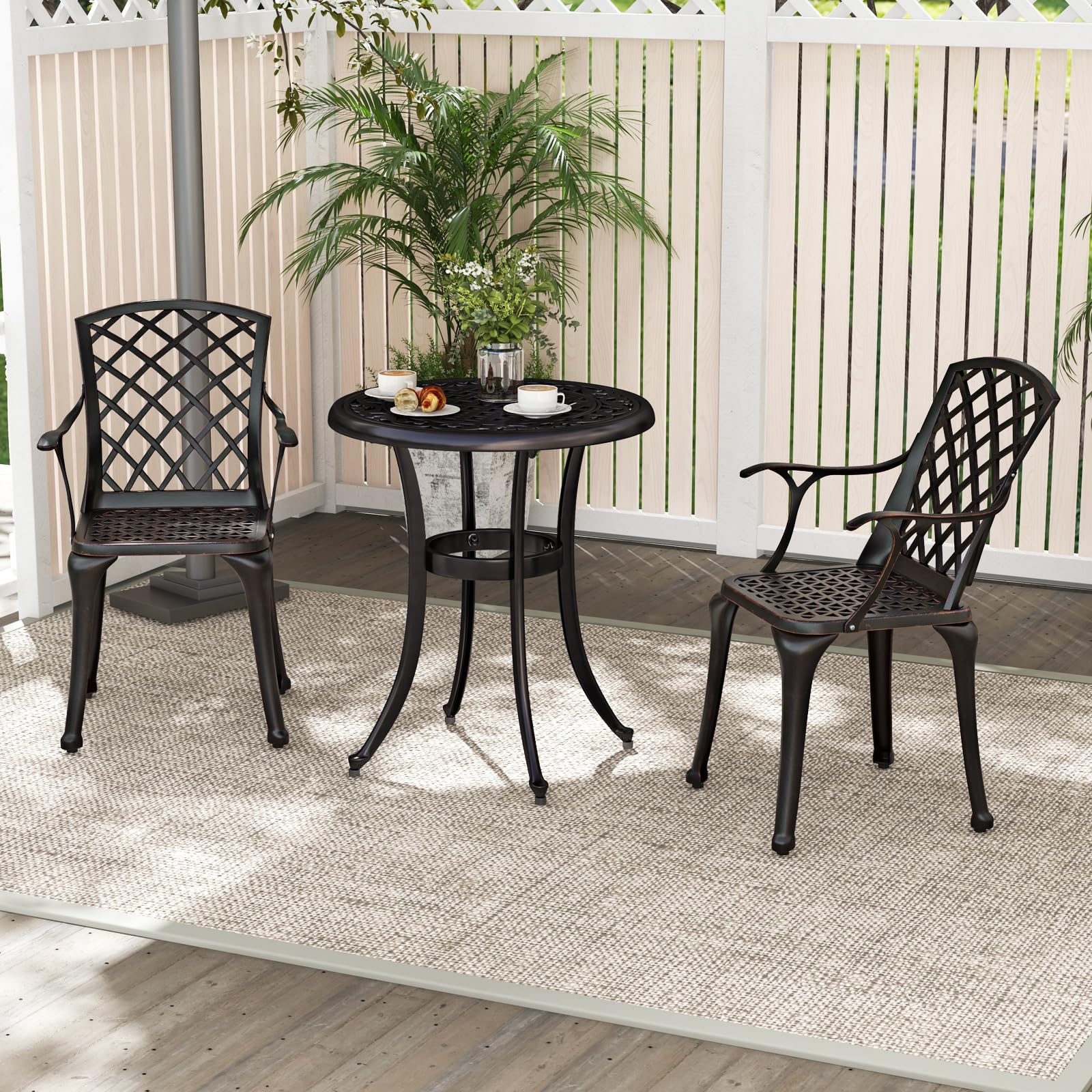 KOMFOTTEU Juego de 2 Sillas de Jardín de Aluminio Fundido, Silla Terreza Exterior con Reposabrazos y Respaldo, Silla de Bistró con Carga 110 kg, Silla de Comedor para Balcón, Patio (Bronce)
